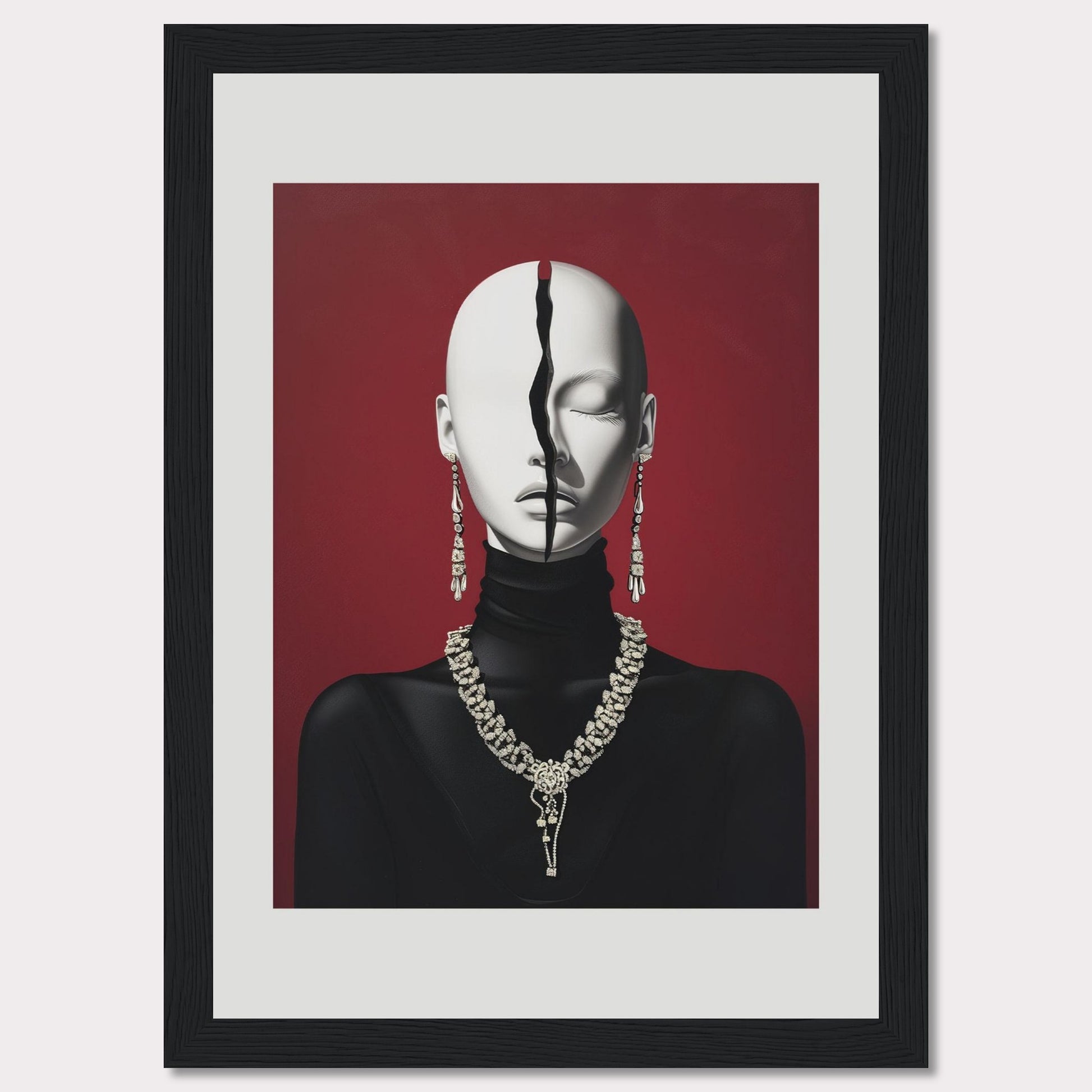 This striking artwork features a mannequin-like figure with a dramatic crack running down the center of its face, set against a bold red background. The figure is adorned with elaborate jewelry, including dangling earrings and an ornate necklace. The contrast between the smooth, expressionless face and the deep crack creates a powerful visual impact.