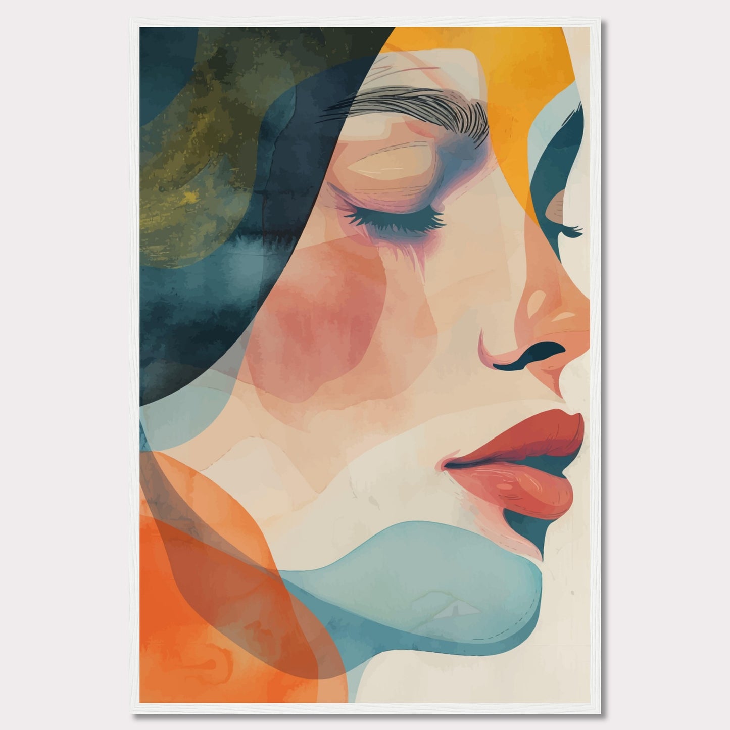 This captivating artwork features a serene profile of a woman's face, rendered in a vibrant mix of abstract colors. The composition highlights her closed eyes and calm expression, evoking a sense of tranquility and introspection.