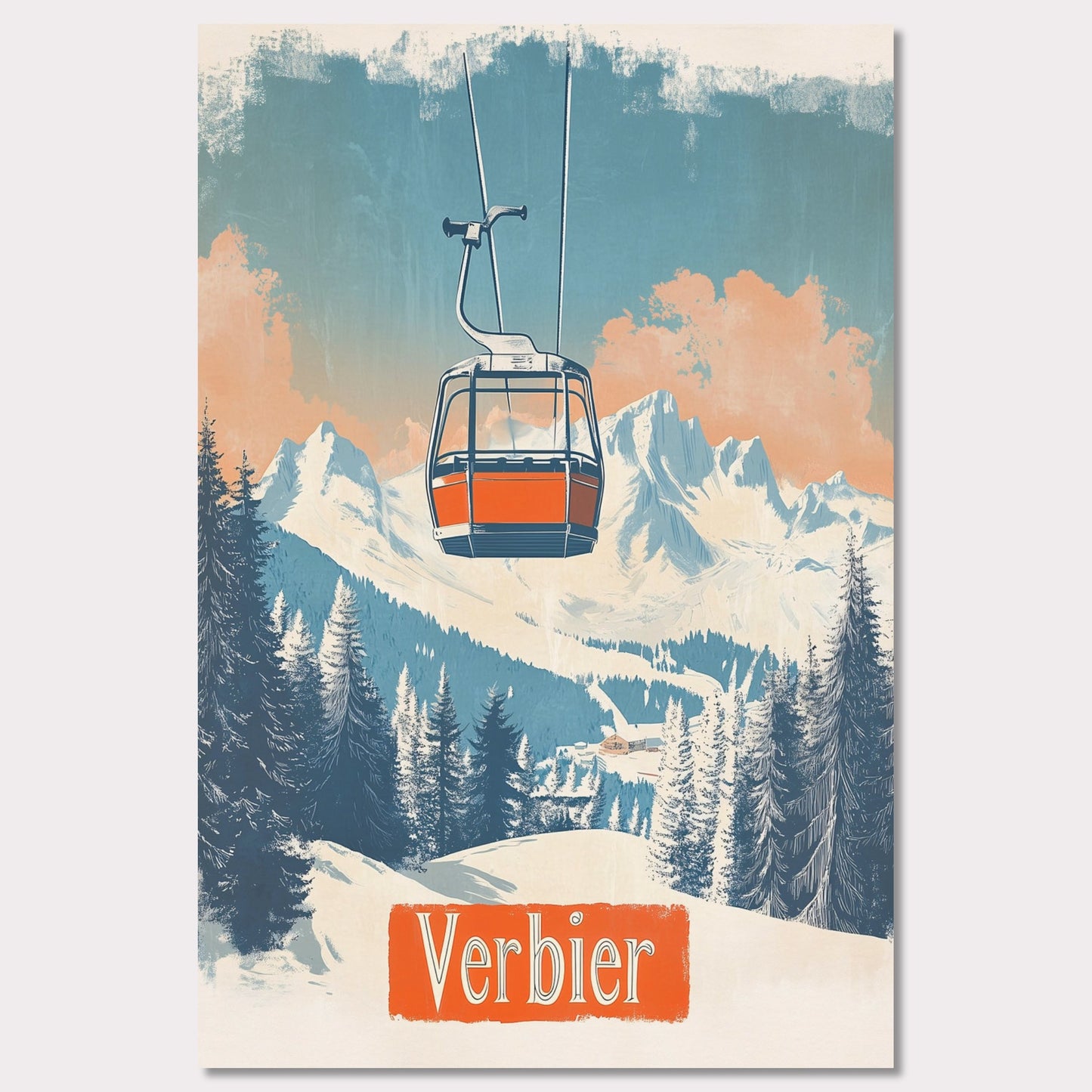 This picturesque retro-inspired poster showcases a vibrant orange gondola gracefully ascending the snowy mountainside of Verbier. The tranquil beauty of the landscape is captured with soft pastel tones in the sky, complemented by the rugged peaks in the distance. The modern gondola stands in contrast to the pristine, snow-covered trees, evoking a sense of peaceful adventure and the journey to the mountain’s summit. The vintage art style enhances the nostalgic vibe of alpine exploration.