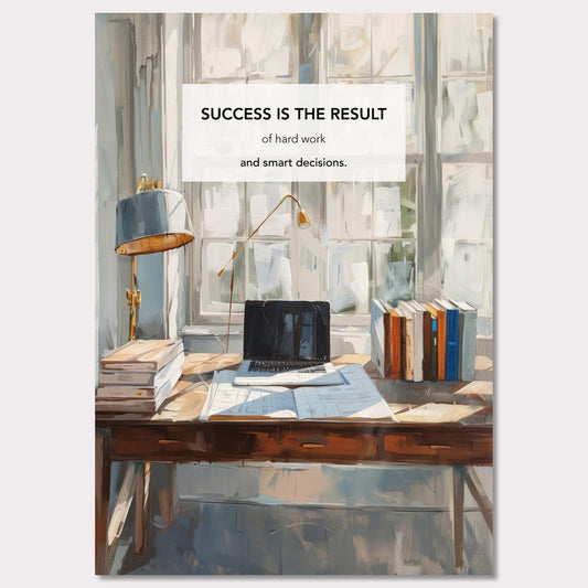 This inspiring poster showcases a serene and productive workspace bathed in natural light. The central message, "Success is the result of hard work and smart decisions," is prominently displayed.