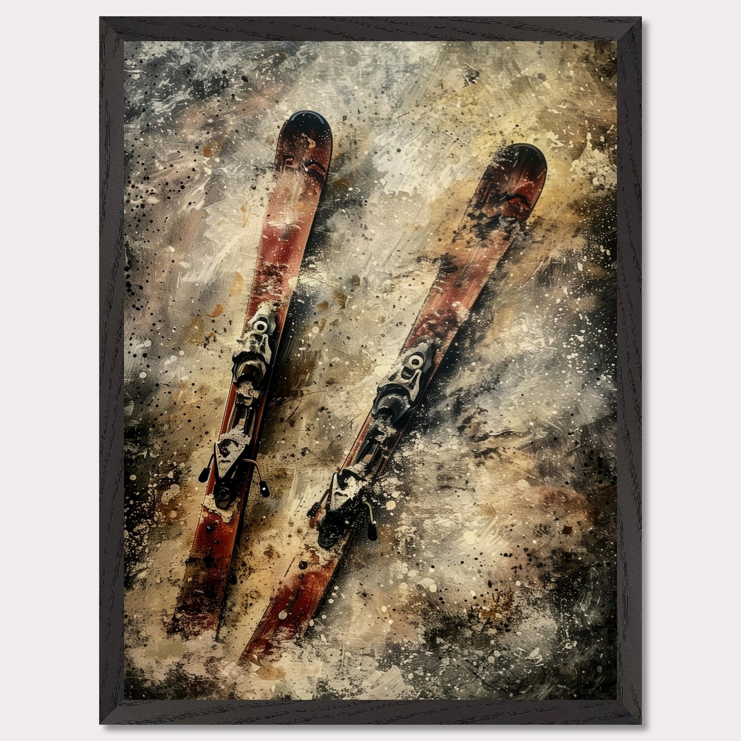 This image showcases a pair of vintage red skis with bindings, set against a textured, abstract background. The skis are positioned diagonally, creating a dynamic and energetic composition.