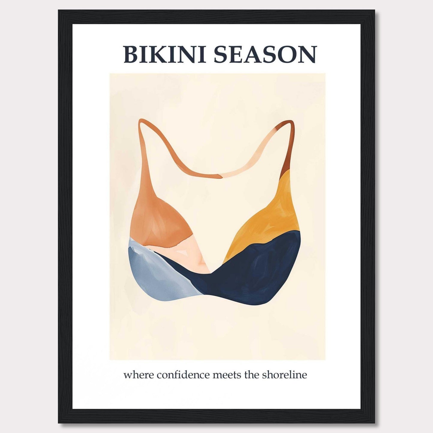 This image showcases a minimalist poster with an artistic depiction of a bikini top. The text "BIKINI SEASON" is prominently displayed at the top, while the phrase "where confidence meets the shoreline" is written at the bottom.