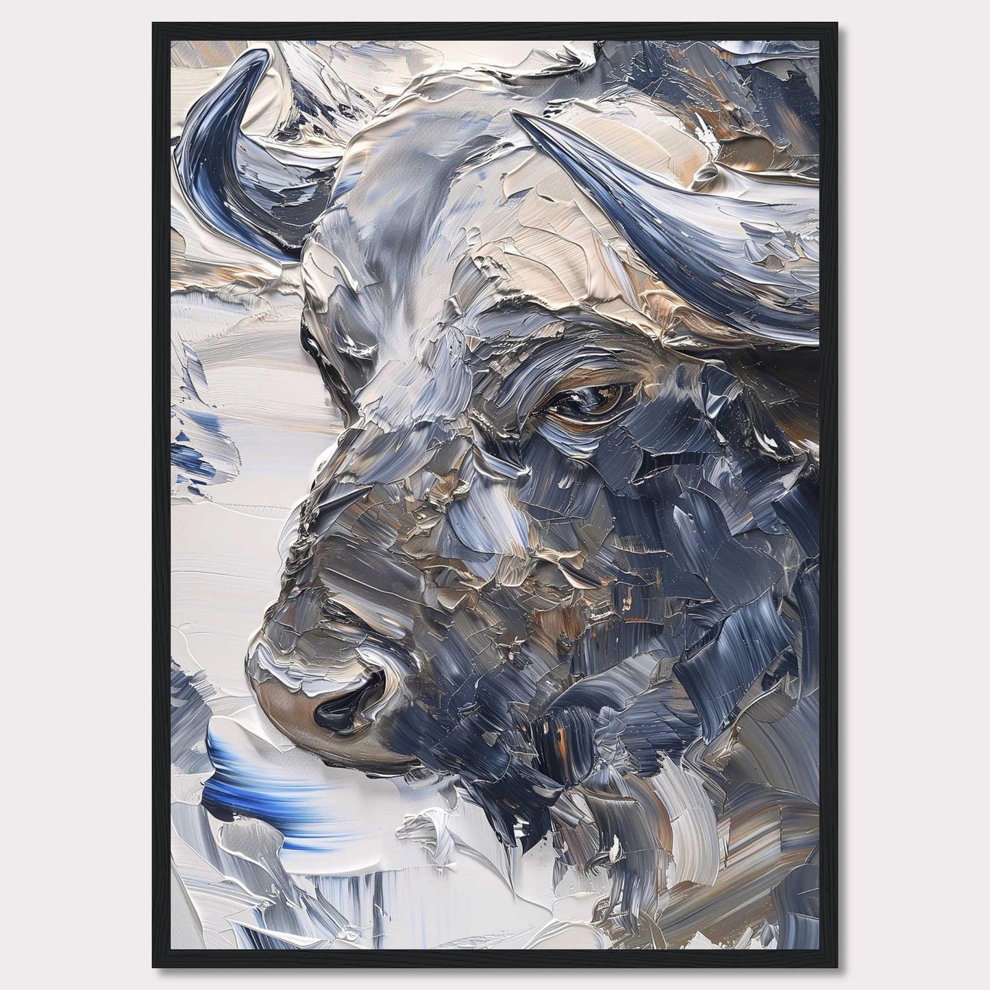 This stunning artwork captures the powerful essence of a bull through bold, textured brushstrokes. The painting's rich, earthy tones and dynamic use of color create a sense of strength and majesty.