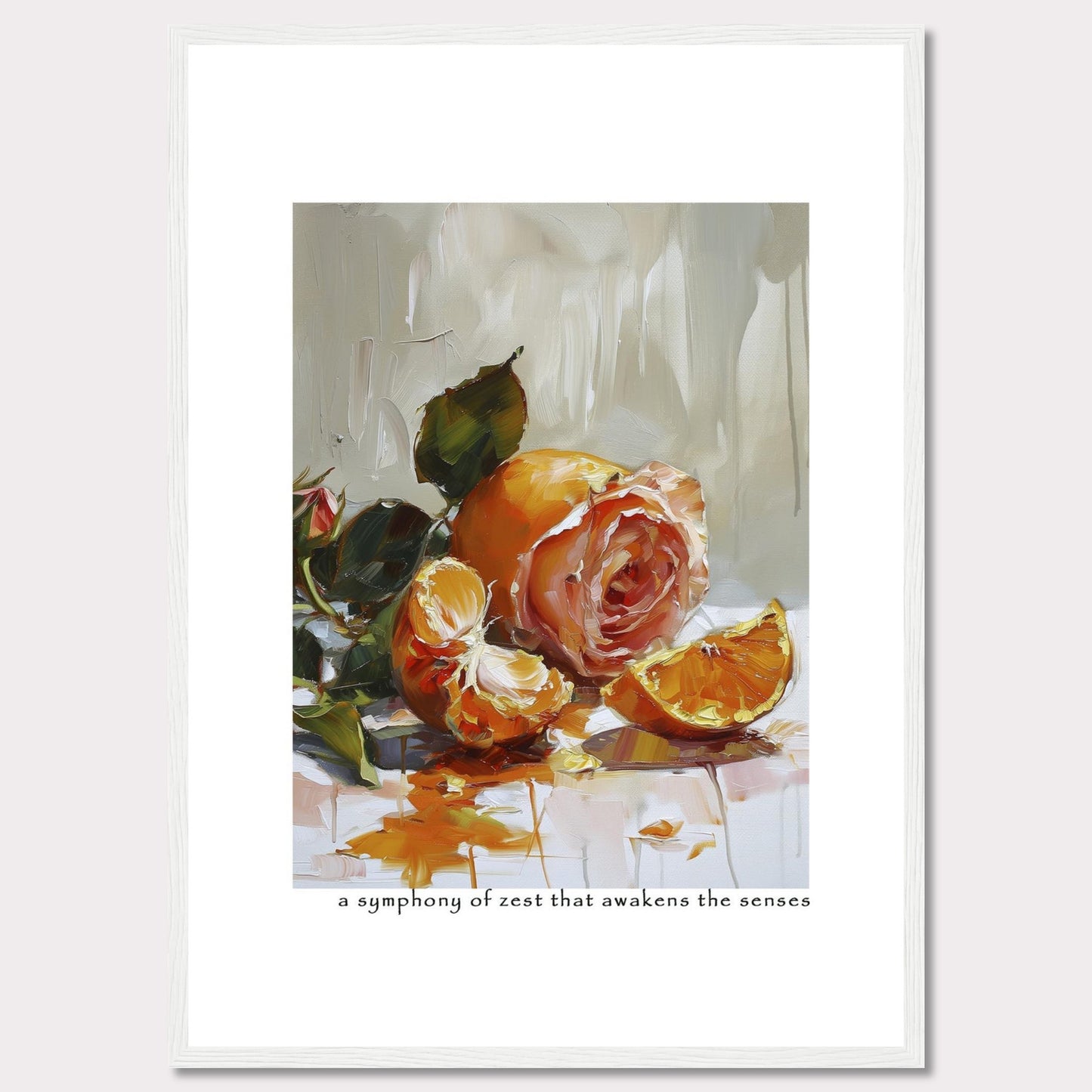 This captivating painting features a delicate rose intertwined with vibrant orange segments, creating a stunning contrast of colors and textures. The brushstrokes evoke a sense of freshness and vitality, making it a perfect piece to invigorate any space.