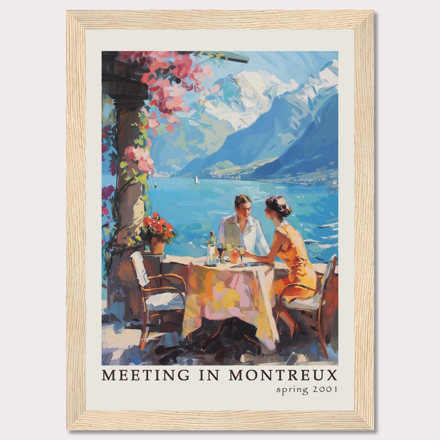 This vibrant poster captures a serene moment of a couple dining outdoors with the stunning backdrop of Montreux's picturesque lakeside and mountains.