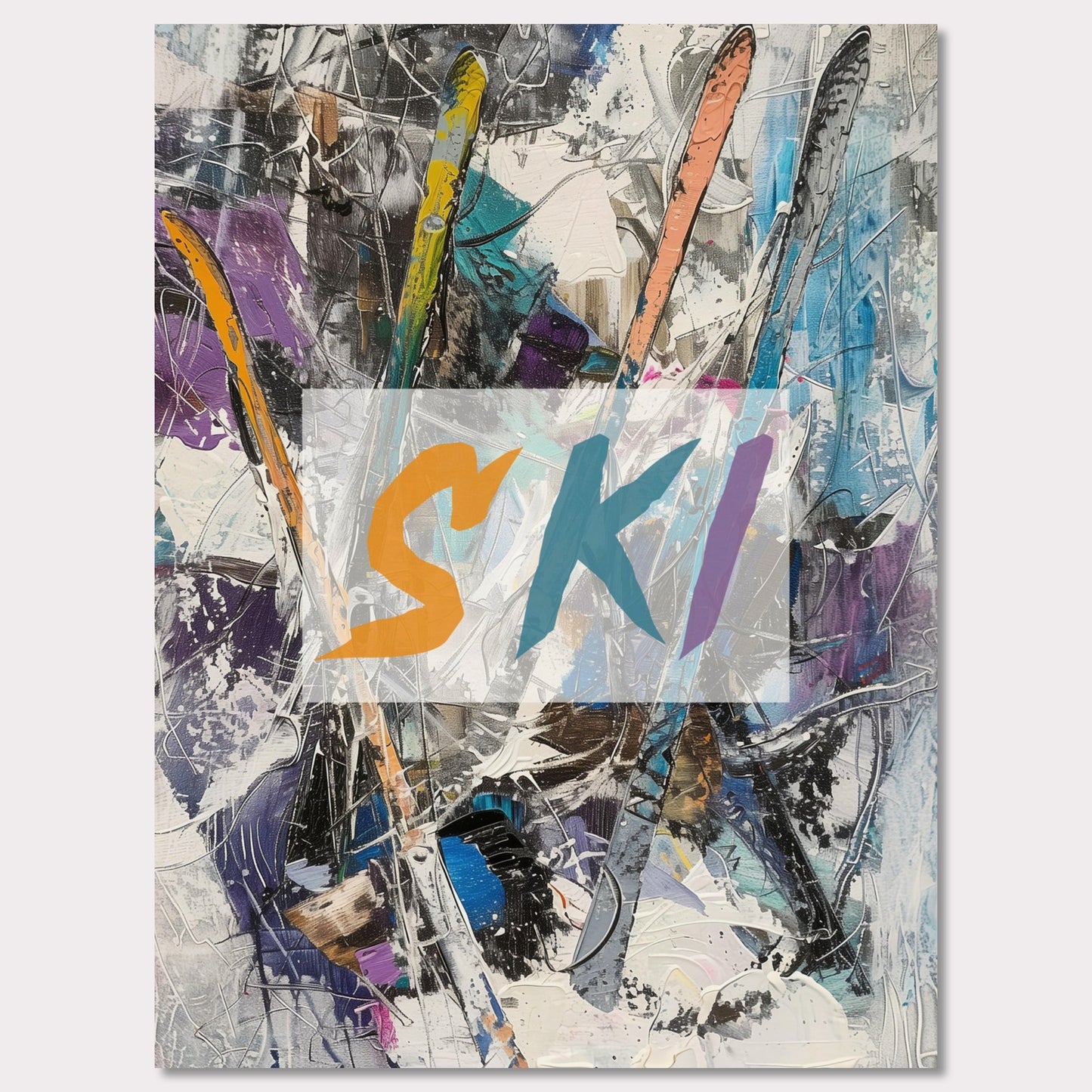 This vibrant artwork showcases an abstract composition featuring colorful ski elements. The word "SKI" is prominently displayed in bold, dynamic letters across the center. The background is a chaotic mix of brushstrokes and textures, creating a sense of movement and energy.