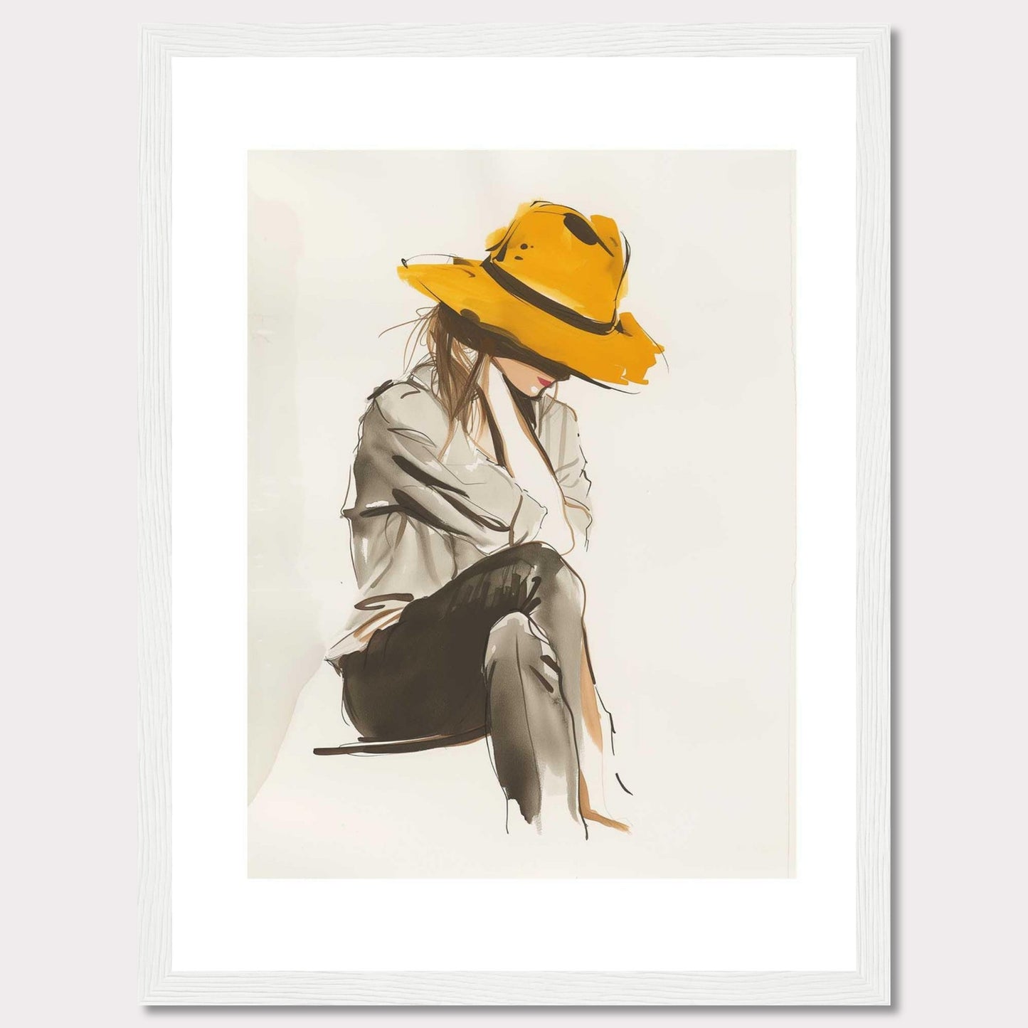 This artwork features a stylish illustration of a person wearing a large, vibrant yellow hat. The figure is seated, with their head slightly bowed, creating a sense of introspection and calm. The use of muted tones for the clothing contrasts beautifully with the boldness of the hat, making it the focal point of the piece. The minimalist background allows the viewer to fully appreciate the elegance and simplicity of the design.