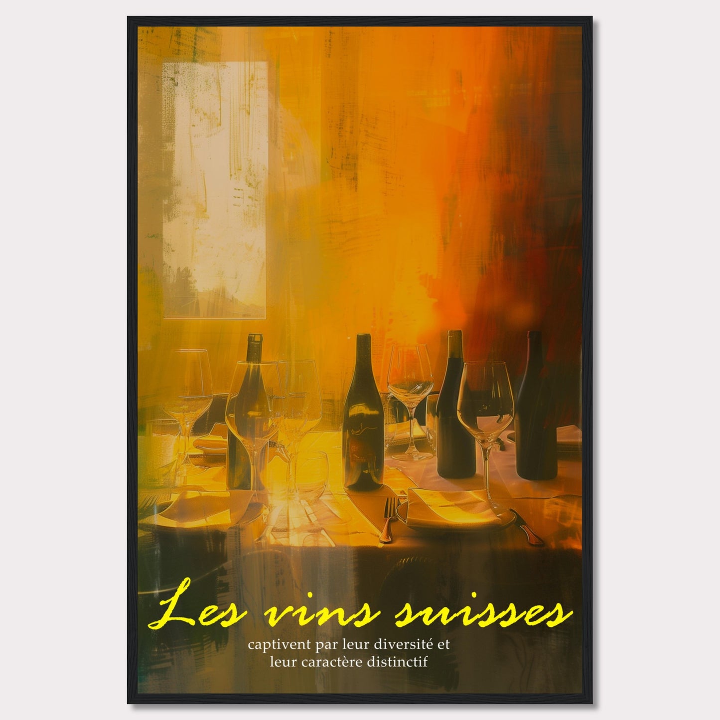 This image showcases a vibrant and inviting scene with Swiss wines elegantly displayed on a table. The warm, golden hues create a cozy and sophisticated atmosphere.