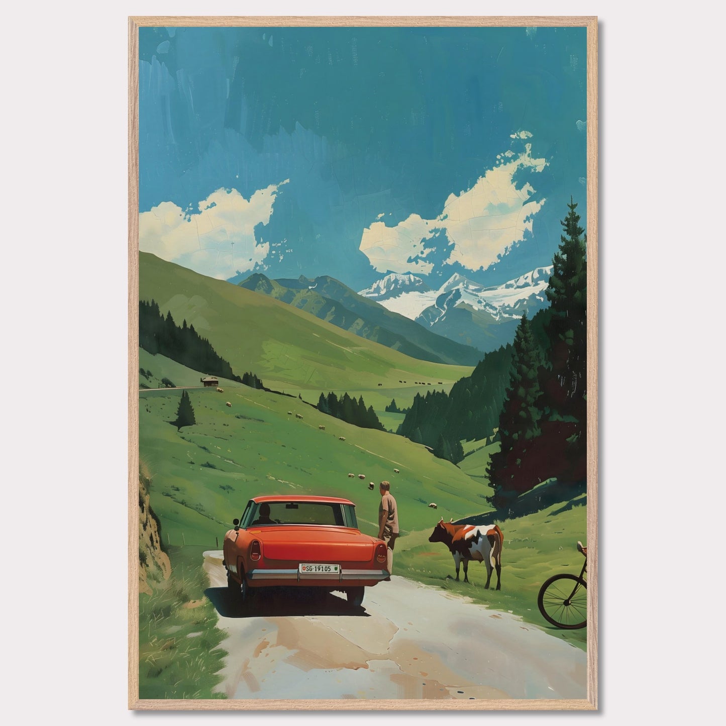 This picture depicts a serene countryside scene with a vibrant red car parked on a narrow road. A person stands beside the car, gazing at a cow that is standing nearby. The lush green hills stretch towards majestic snow-capped mountains under a bright blue sky dotted with fluffy white clouds. A bicycle rests against the tall pine trees, adding to the tranquil rural atmosphere.