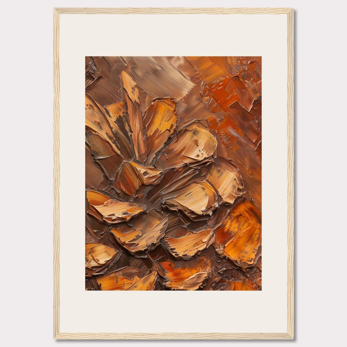 This image showcases a textured painting of a pine cone, rendered in rich, earthy tones. The thick, impasto technique gives the artwork a three-dimensional feel, making the pine cone appear almost lifelike. The painting is framed in a sleek black frame with a white matting that enhances its visual appeal.