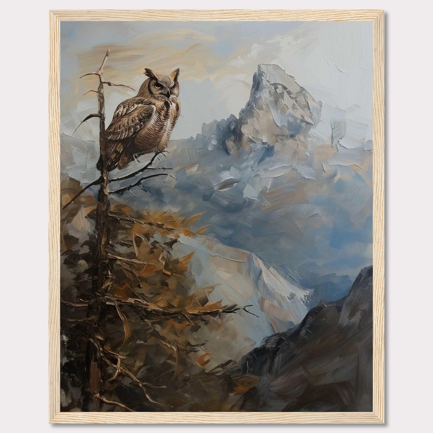 This captivating painting depicts a majestic owl perched on a branch, overlooking a rugged mountain landscape. The scene is rendered in rich, earthy tones and dynamic brushstrokes, capturing the serene yet powerful essence of nature.