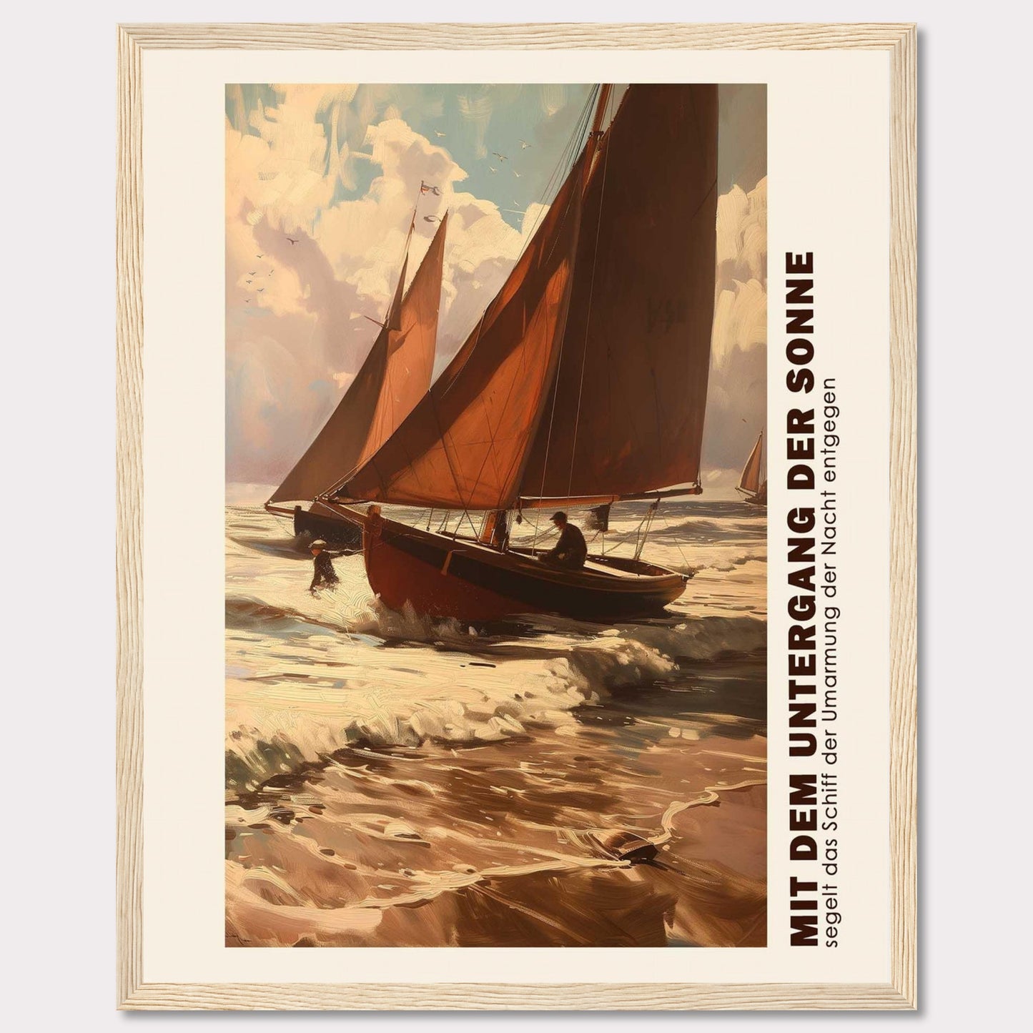 This captivating artwork depicts two sailboats navigating through the waves at sunset, with the sky painted in warm hues of orange and pink. The scene evokes a sense of adventure and tranquility as the boats head towards the horizon. The text on the side reads "MIT DEM UNTERGANG DER SONNE segelt das Schiff der Umarmung der Nacht entgegen," which translates to "With the setting of the sun, the ship sails towards the embrace of the night."