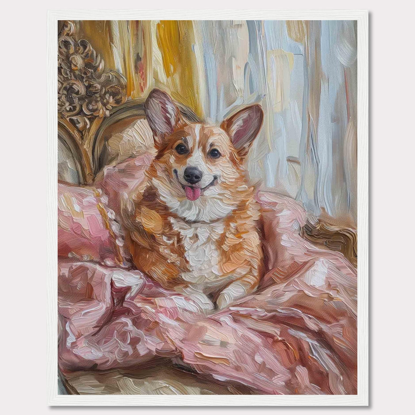 This charming painting captures a joyful corgi nestled in luxurious pink bedding, exuding warmth and happiness. The background features elegant drapery and ornate furniture, adding a touch of sophistication to the scene.