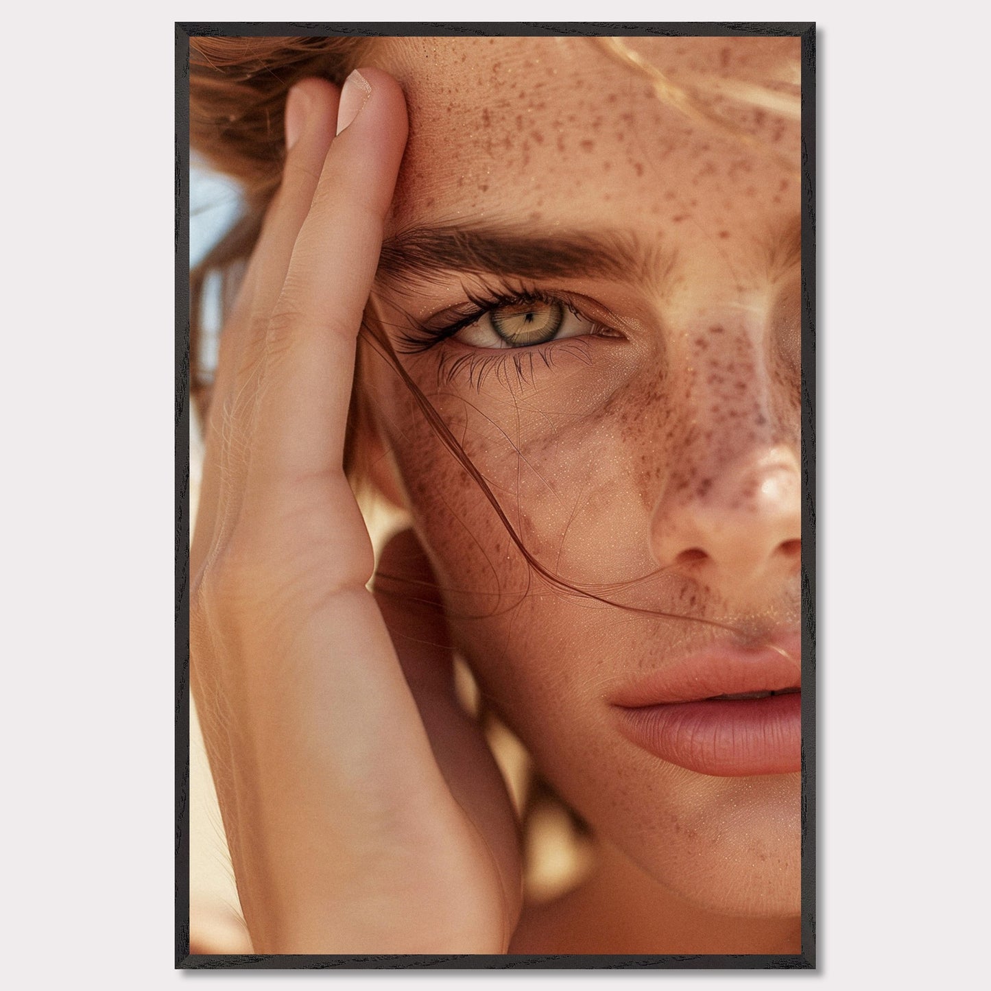 This captivating close-up portrait showcases the natural beauty of a person with freckles and an intense gaze.