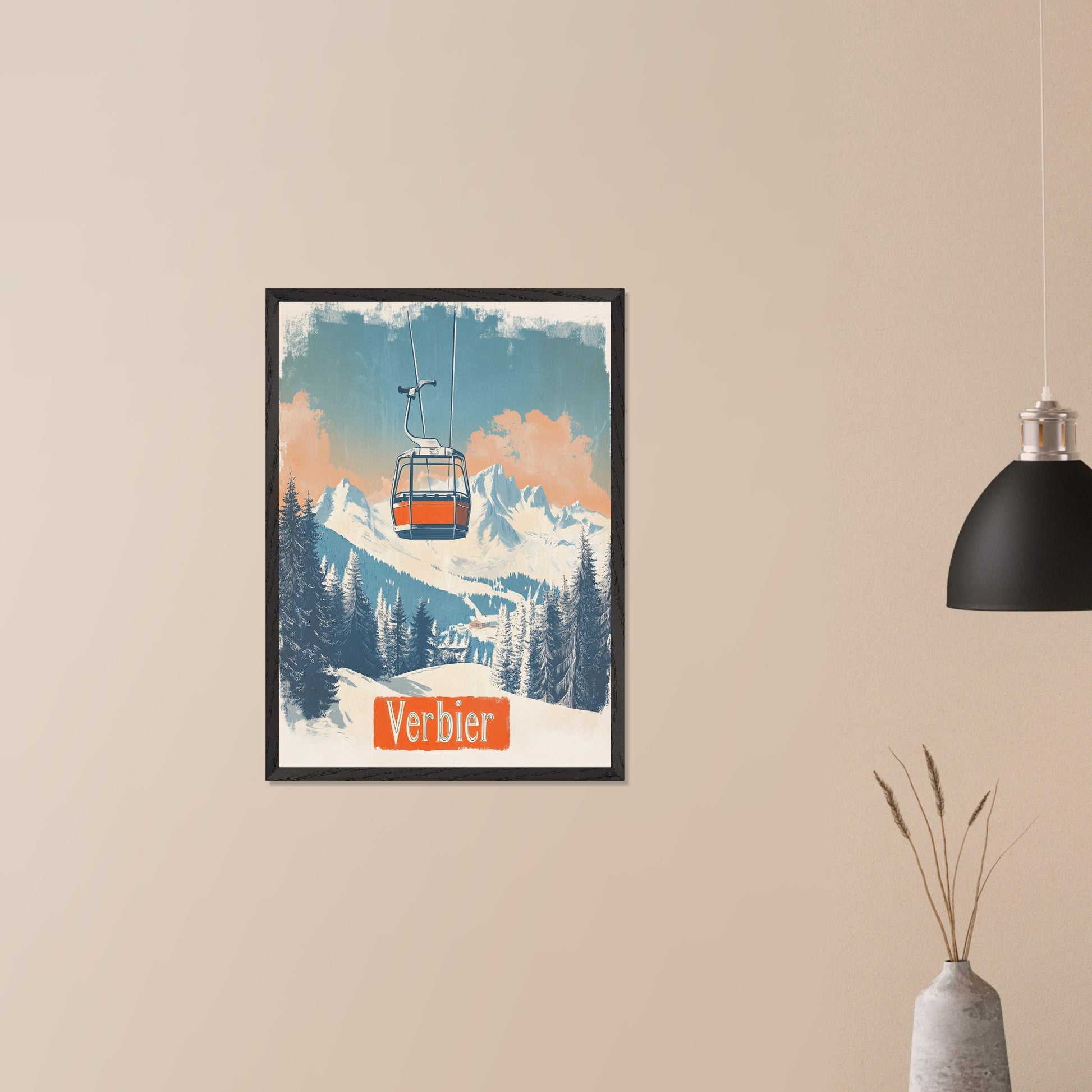 This picturesque retro-inspired poster showcases a vibrant orange gondola gracefully ascending the snowy mountainside of Verbier. The tranquil beauty of the landscape is captured with soft pastel tones in the sky, complemented by the rugged peaks in the distance. The modern gondola stands in contrast to the pristine, snow-covered trees, evoking a sense of peaceful adventure and the journey to the mountain’s summit. The vintage art style enhances the nostalgic vibe of alpine exploration.