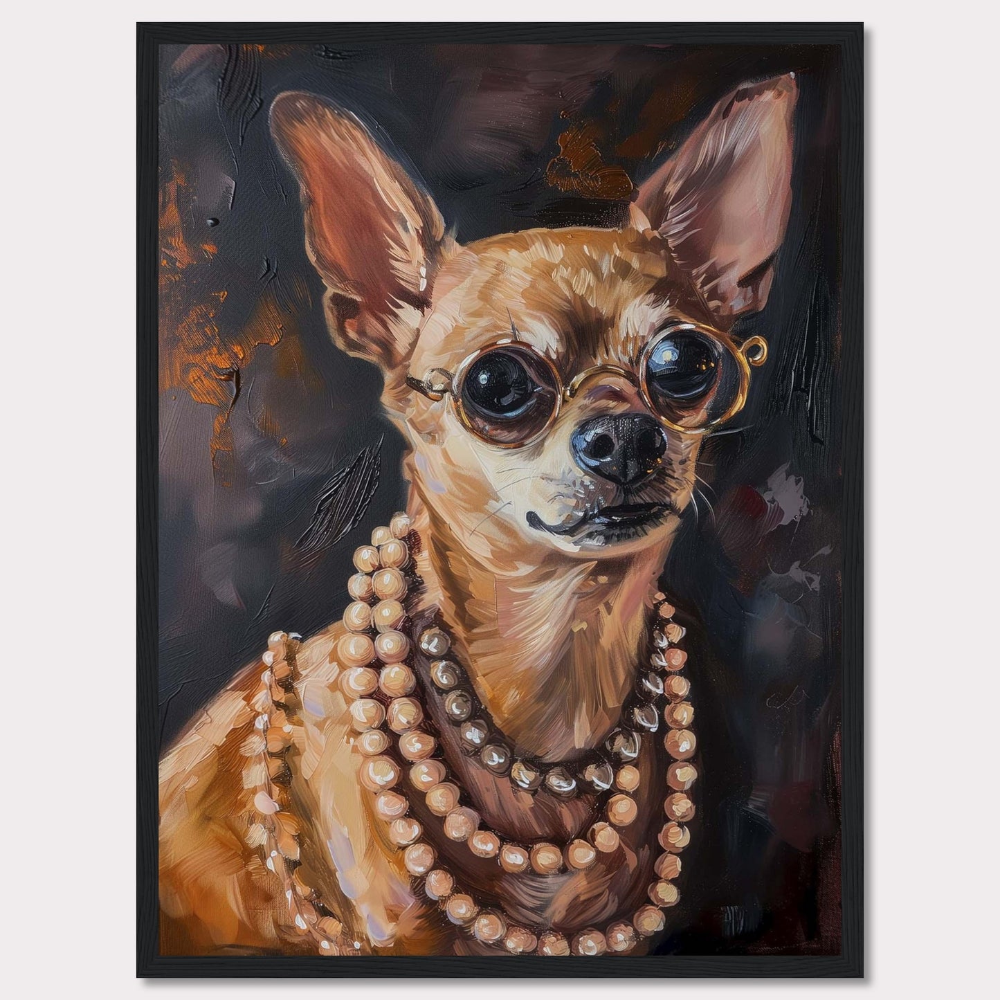 This captivating artwork features a stylish Chihuahua wearing round glasses and multiple strands of pearls. The painting exudes elegance and charm, making it a perfect statement piece for any room.