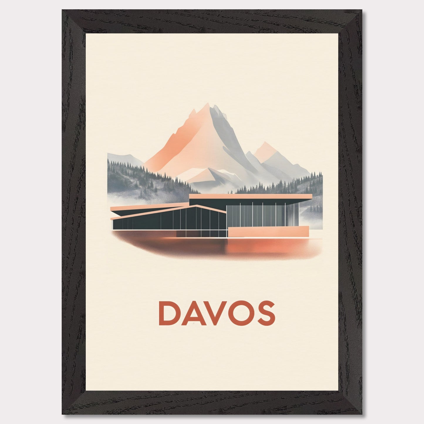 A refined travel poster showcasing Davos' modern architecture against breathtaking alpine peaks. The sleek lines of the building contrast harmoniously with the rugged mountains, embodying the balance between innovation and nature.