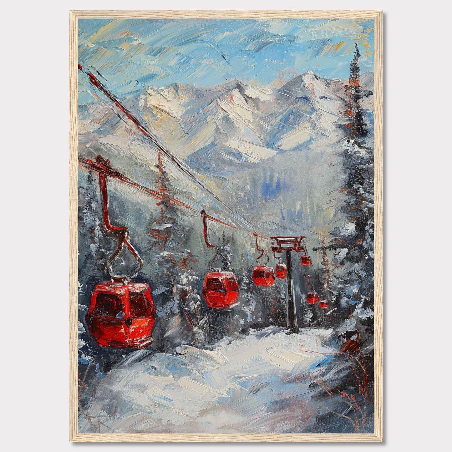 This captivating painting showcases a vibrant winter scene with red cable cars gliding through a snowy mountain landscape.