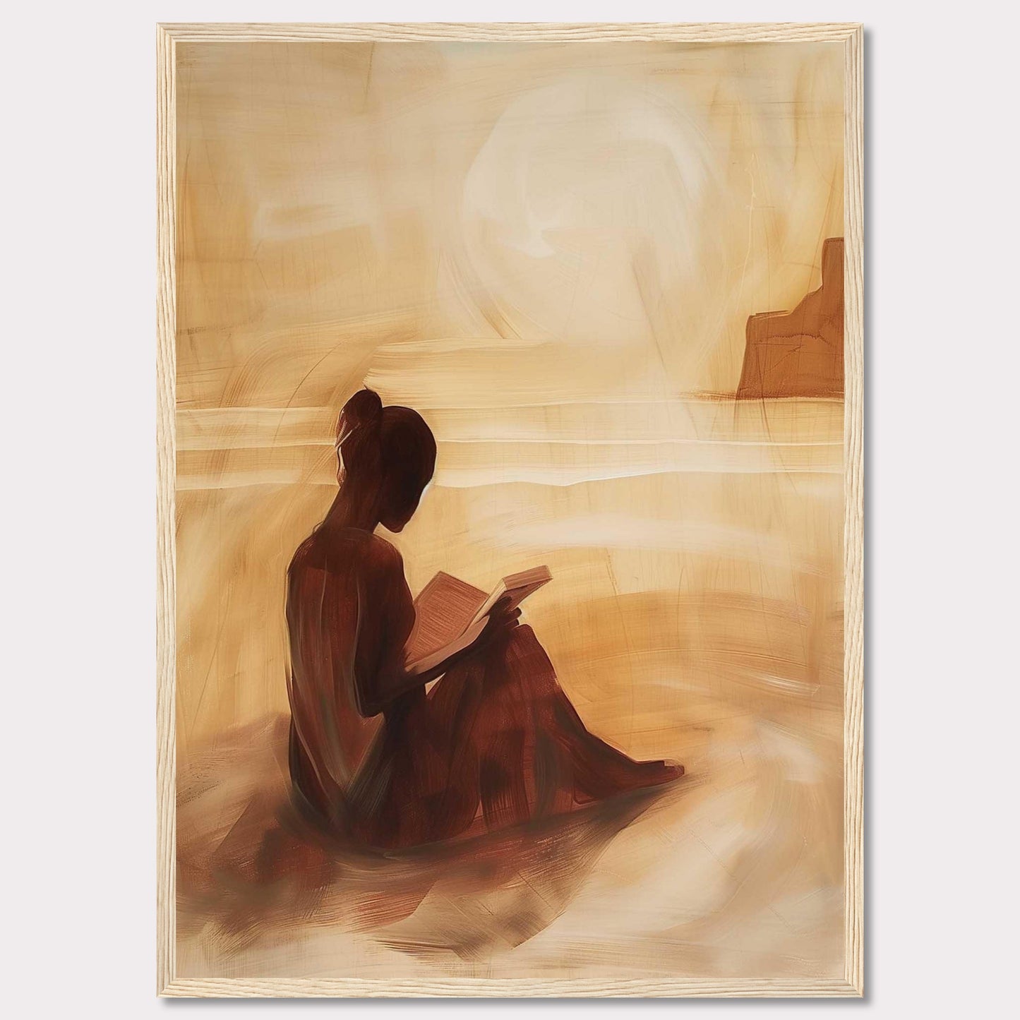 This serene painting captures a solitary figure engrossed in a book, seated on a tranquil beach with the sun setting in the background.