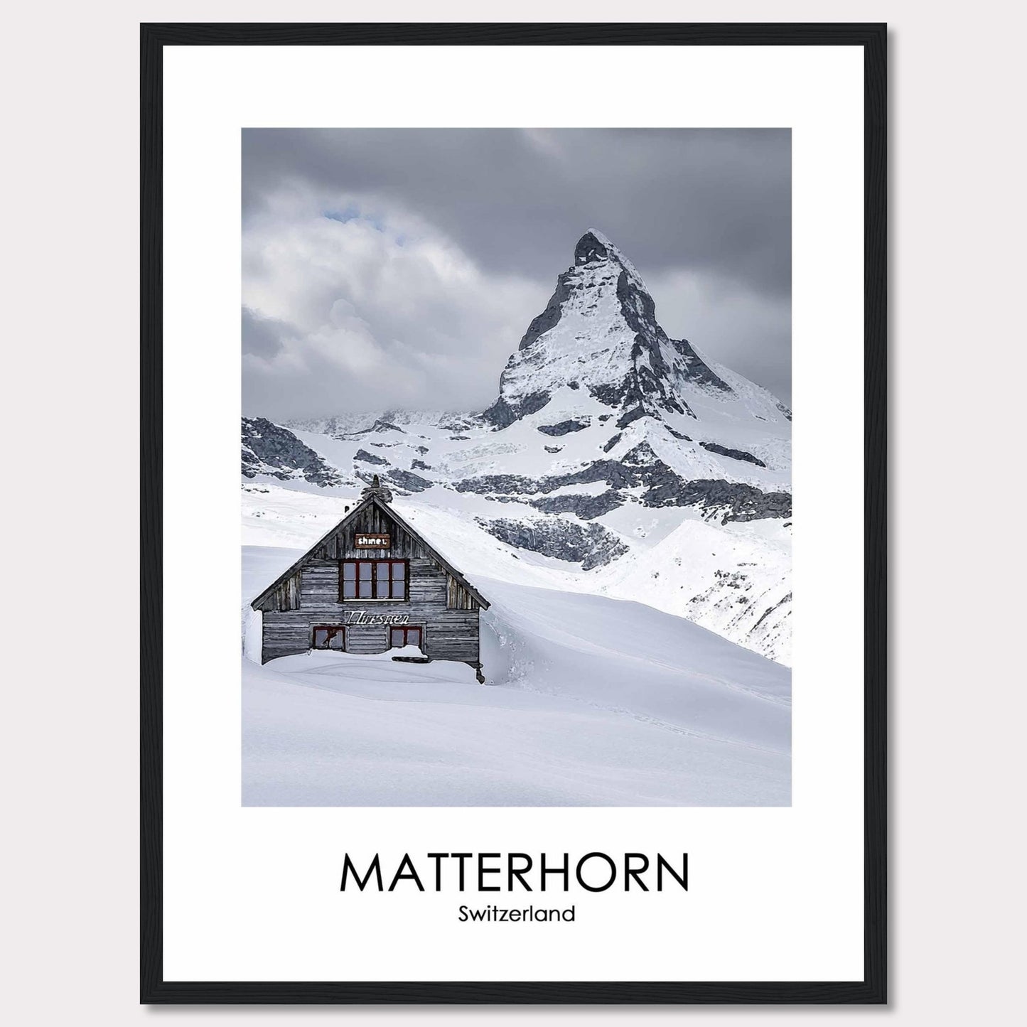 This stunning photograph captures the iconic Matterhorn in Switzerland, with a charming wooden cabin nestled in the snow-covered landscape. The majestic peak rises dramatically against a cloudy sky, creating a breathtaking scene of natural beauty.