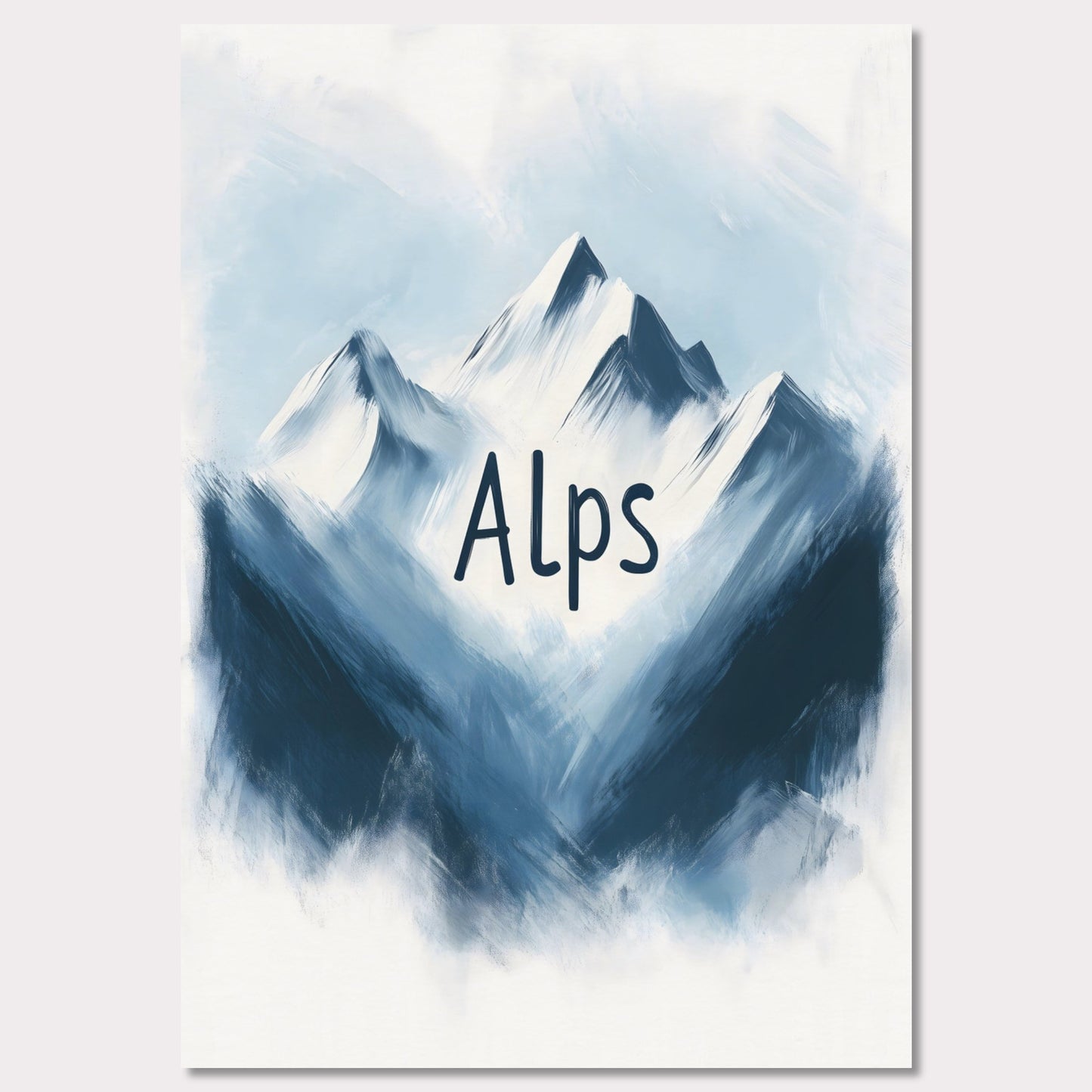 This minimalistic poster captures the raw beauty of alpine peaks, portrayed in a painterly, soft blue tone. The ethereal ambiance evokes a sense of peace and awe, celebrating the untouched splendor of nature.