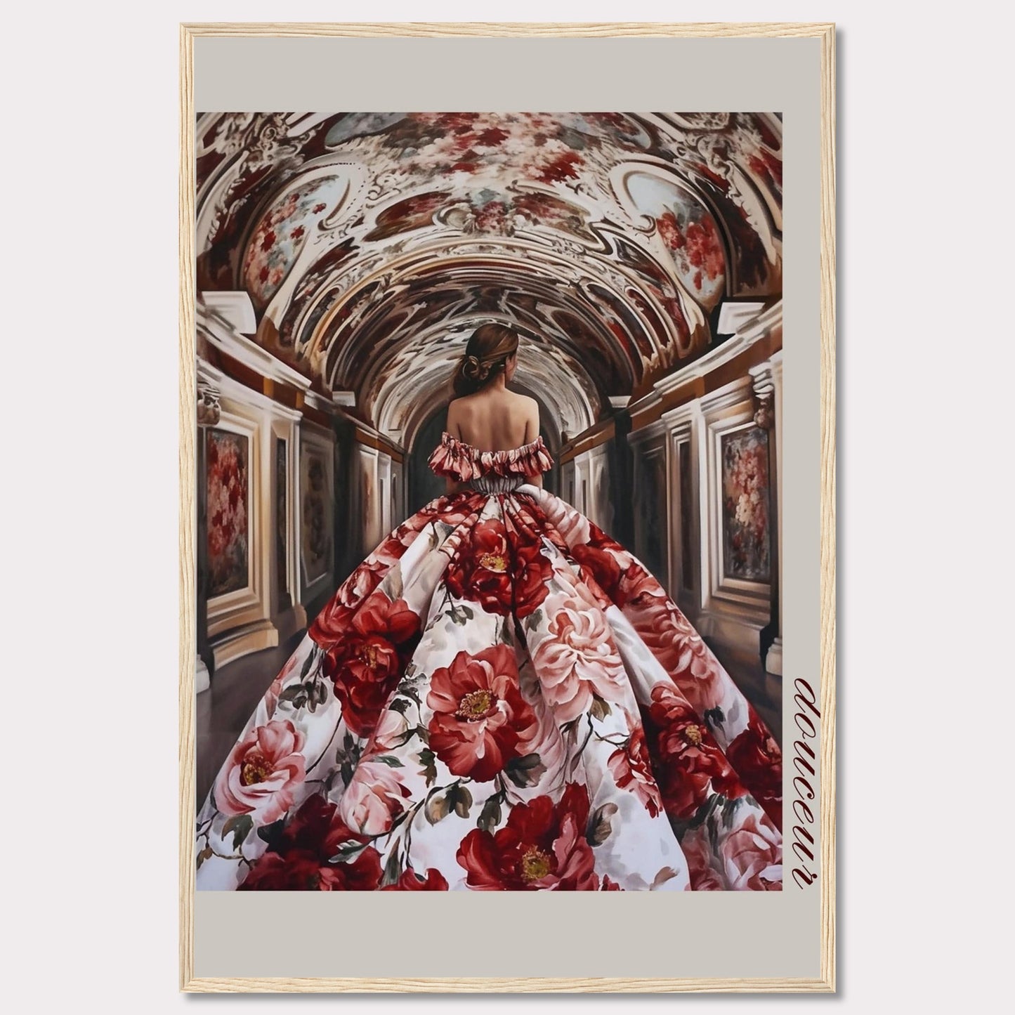 This stunning artwork features a woman in an opulent floral gown walking through an intricately decorated corridor. The scene exudes elegance and grandeur, capturing a moment of timeless beauty.