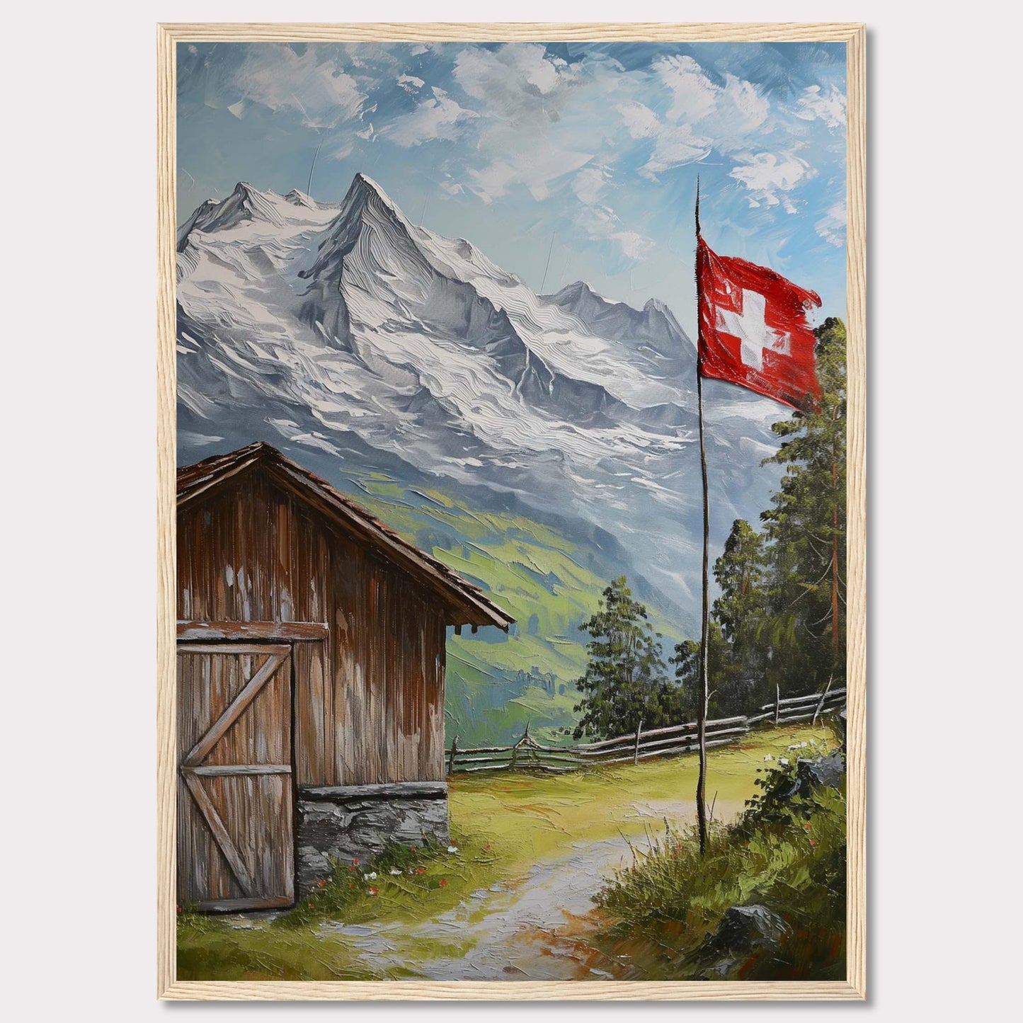 This image depicts a serene mountain scene with a rustic wooden cabin, a Swiss flag fluttering in the breeze, and majestic snow-capped peaks in the background. The lush greenery and clear blue sky add to the tranquil atmosphere.