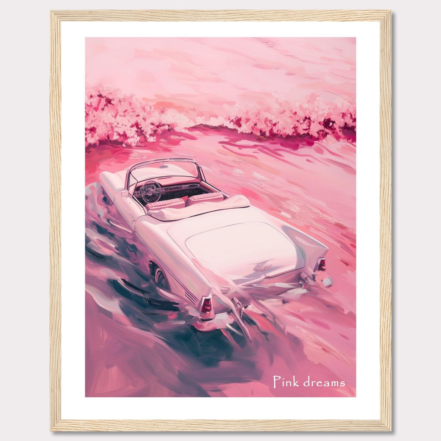 This artwork features a dreamy scene with a vintage convertible car driving through a pink-hued landscape. The soft, pastel colors create a serene and nostalgic atmosphere.