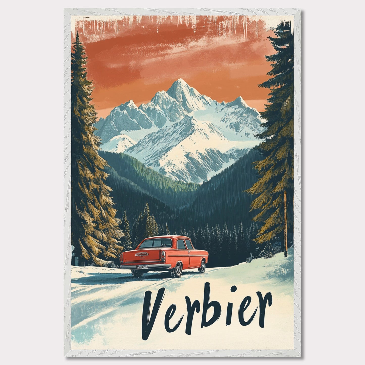 This striking retro-style poster depicts a vintage car driving through a snowy mountain landscape in Verbier. The red car stands out against the backdrop of majestic, snow-covered peaks and towering trees, with the warm orange hues of the sky adding to the nostalgic vibe. The vintage typography and artistic style evoke the allure of road trips through the Swiss Alps, offering a sense of freedom and adventure in a winter wonderland.