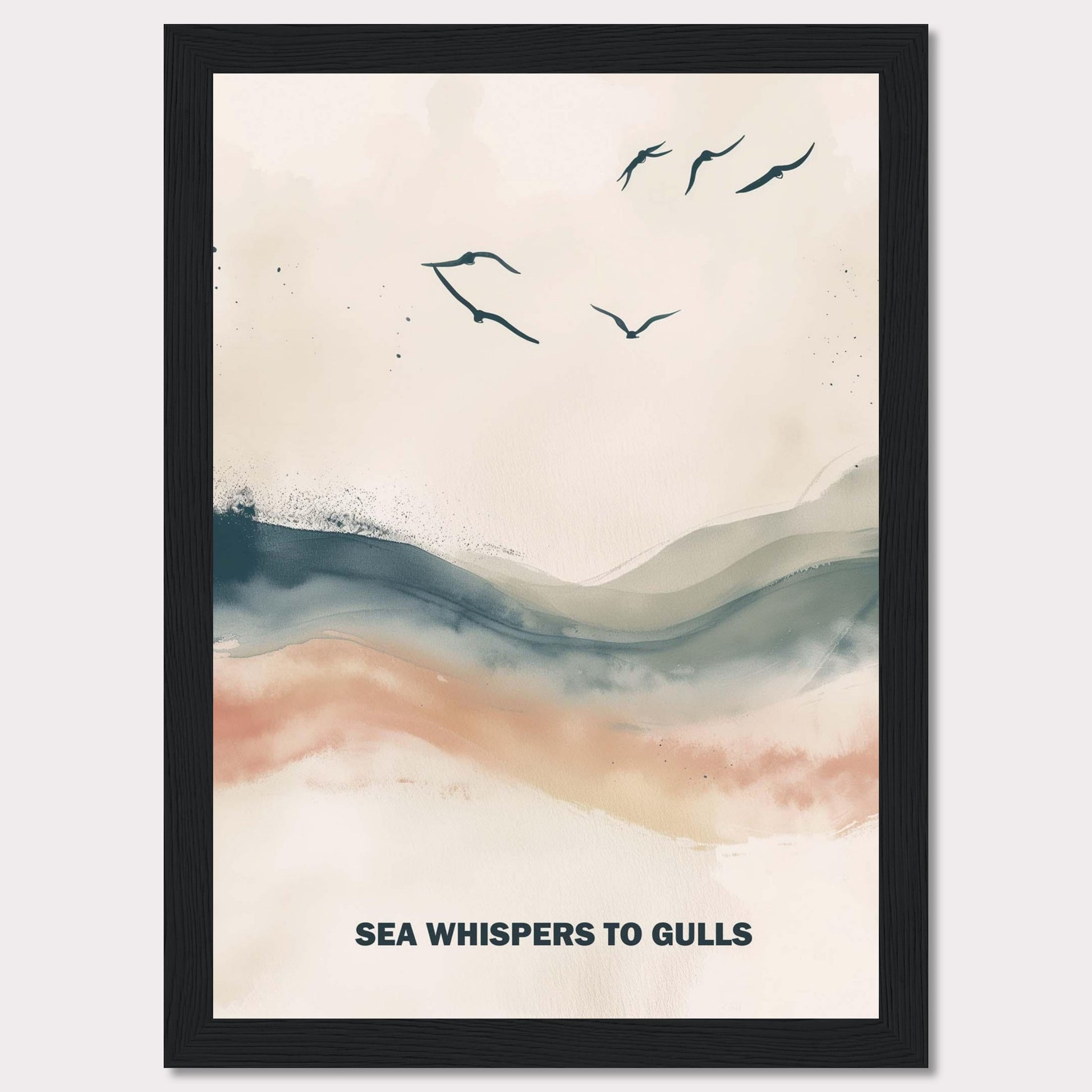 This serene artwork features a minimalist design with gentle waves and flying gulls. The soothing colors create a tranquil atmosphere, perfect for any space needing a touch of calm. The text "SEA WHISPERS TO GULLS" adds a poetic element to the piece.