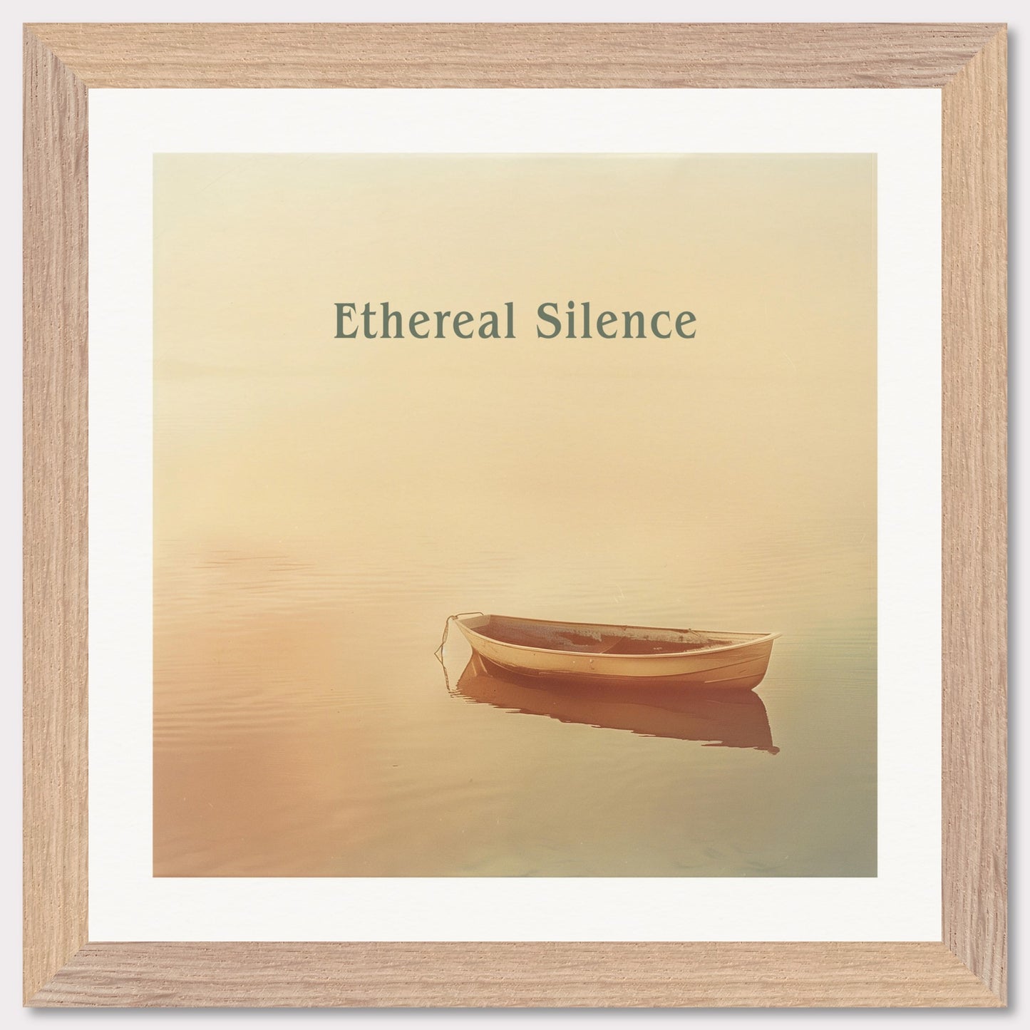 This serene photograph features a solitary rowboat gently floating on calm waters under a soft, ethereal light. The words "Ethereal Silence" are elegantly displayed above the boat, enhancing the tranquil atmosphere.