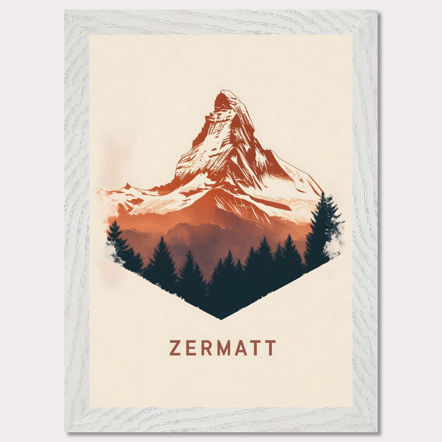 A scenic poster showcasing the breathtaking beauty of Zermatt’s Matterhorn. The rich, painterly textures and natural color palette evoke the serene yet powerful presence of the Alps.