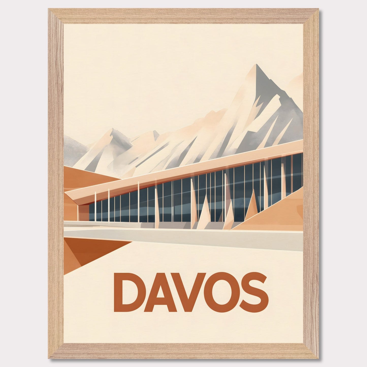 An artistic depiction of Davos, where a contemporary structure stretches along the base of snow-covered peaks. The smooth design of the building complements the sharp mountain ridges, creating a stunning contrast.