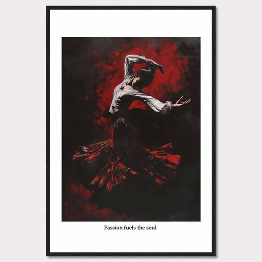 This captivating image depicts a flamenco dancer enveloped in a swirl of red and black, showcasing the intensity and passion of the dance. The dancer's expressive pose and flowing costume create a dynamic and powerful visual impact.