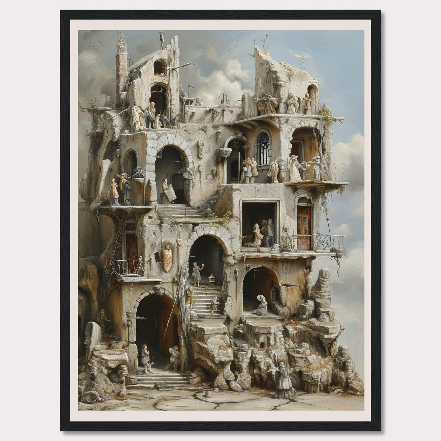 This captivating artwork portrays a surreal, multi-level structure with intricate details and numerous figures engaged in various activities. The scene exudes a sense of mystery and timelessness.