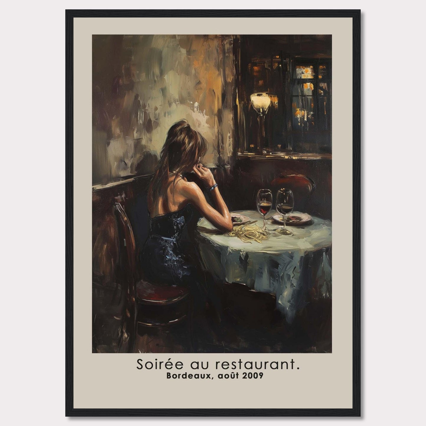 This evocative artwork captures a solitary moment in a restaurant, depicting a woman in an elegant black dress seated at a table adorned with wine glasses and a half-eaten meal. The dim, warm lighting and the reflective mood of the scene create a sense of introspection and nostalgia.