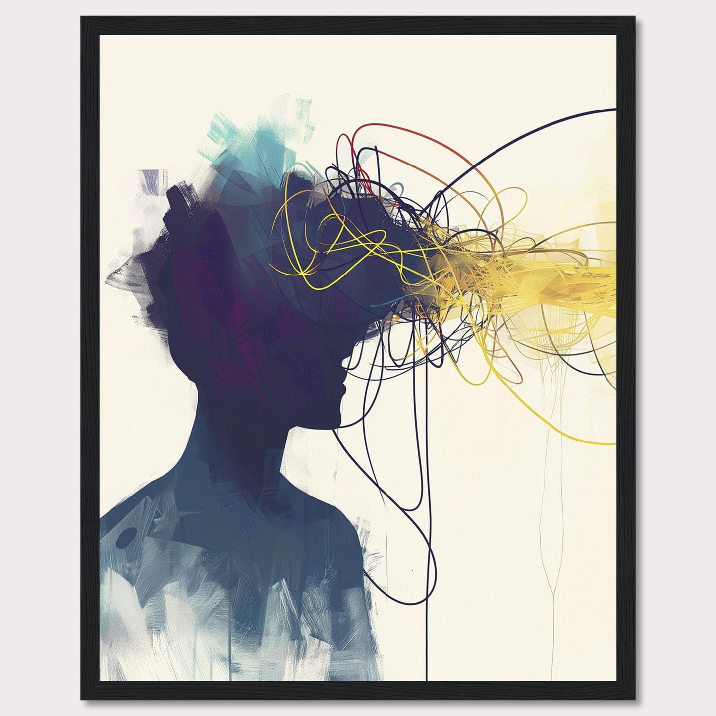 This captivating artwork features the silhouette of a person with an explosion of colorful, tangled lines emanating from their head, representing thoughts and creativity. The abstract design is set against a minimalist background, contrasting the vibrant colors with the dark silhouette.