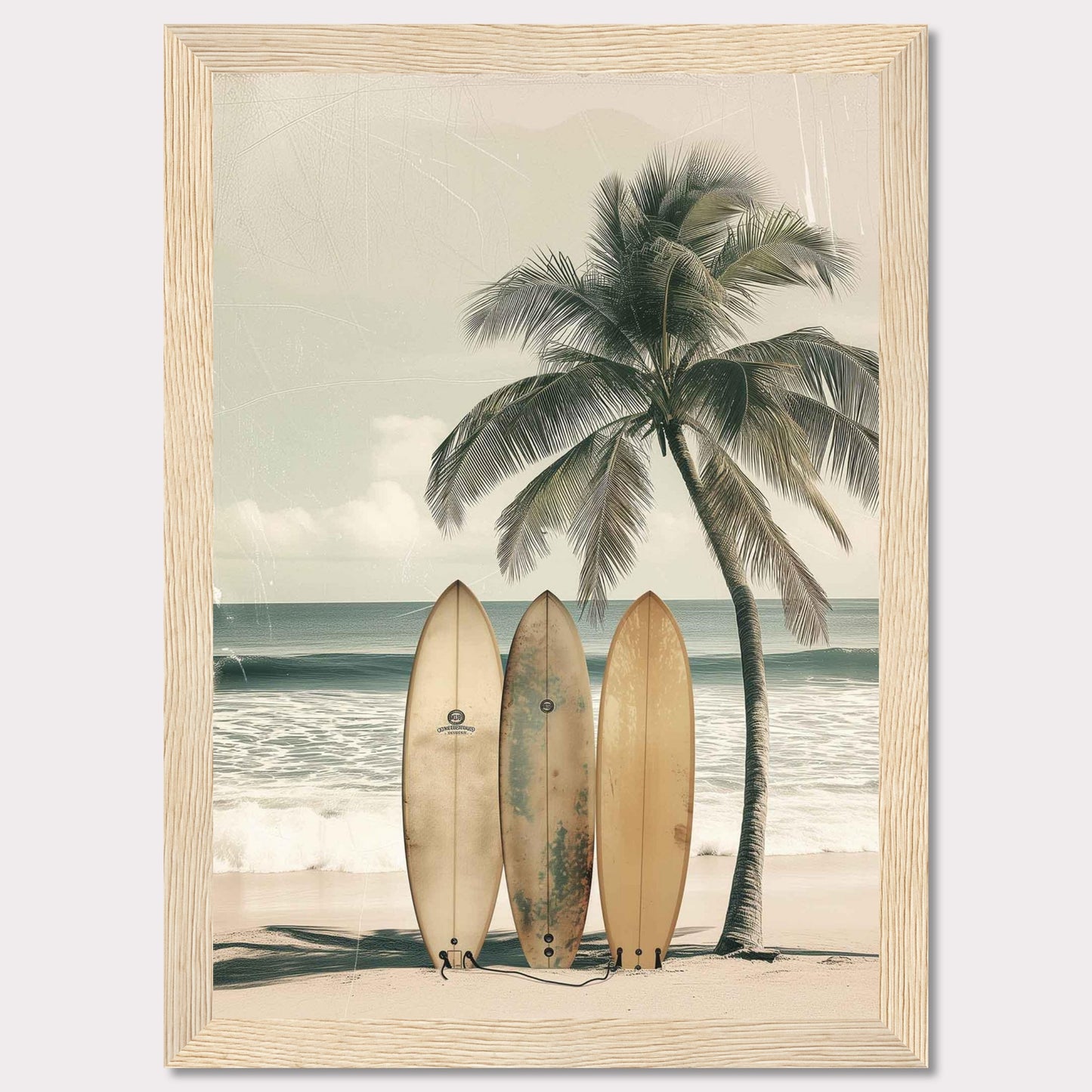 This captivating image features a serene beach scene with three surfboards leaning against a tall, swaying palm tree. The tranquil ocean waves and a clear sky in the background evoke a sense of calm and adventure.