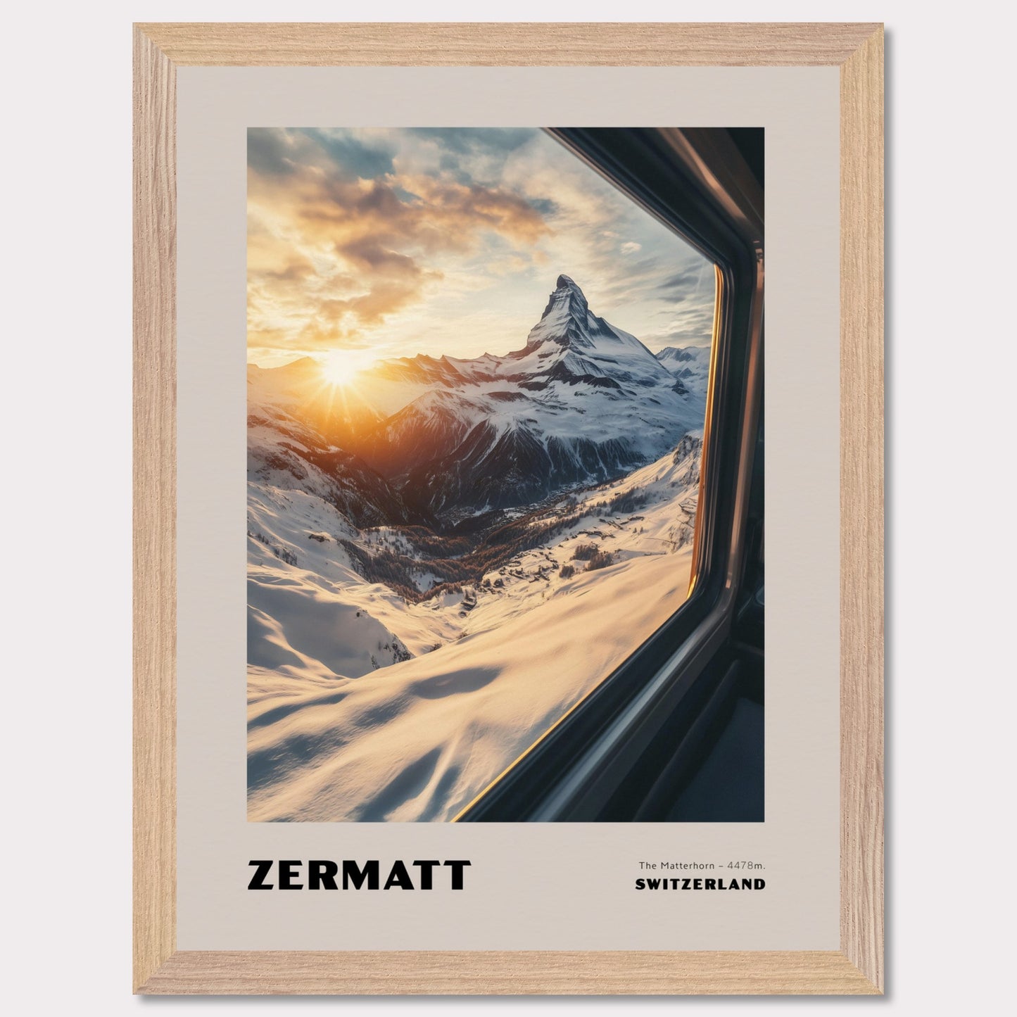 A stunning view of the Matterhorn bathed in golden sunset hues. Towering at 4478 meters, this legendary mountain has always drawn adventurers and travelers. The warm colors of the sunset create an extraordinary atmosphere, while the snow-covered slopes emphasize the purity and majesty of nature.