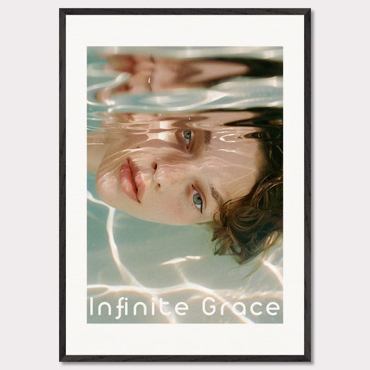 This is an illustration of a person's face partially submerged in water, creating a reflective and serene effect. The text "Infinite Grace" is displayed at the bottom of the image.

Where will this poster fit: This poster would fit well in a modern living room, a bedroom, or a creative studio space.