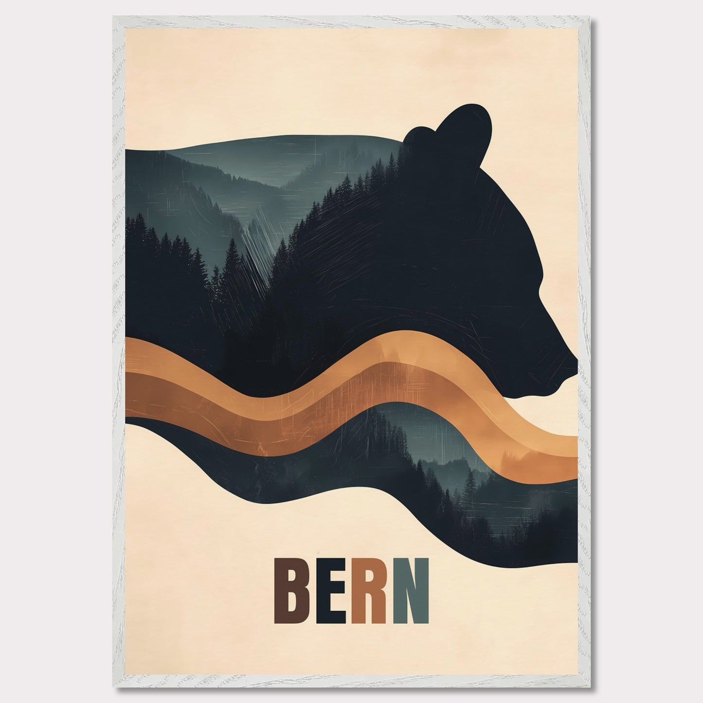 This elegant poster captures the harmony between nature and Bern’s cultural heritage. The silhouette of a bear, the city’s symbol, seamlessly blends with dense forests and flowing lines, creating a sense of tranquility and connection with the surroundings. The minimalist style and warm color palette give the artwork a modern aesthetic.