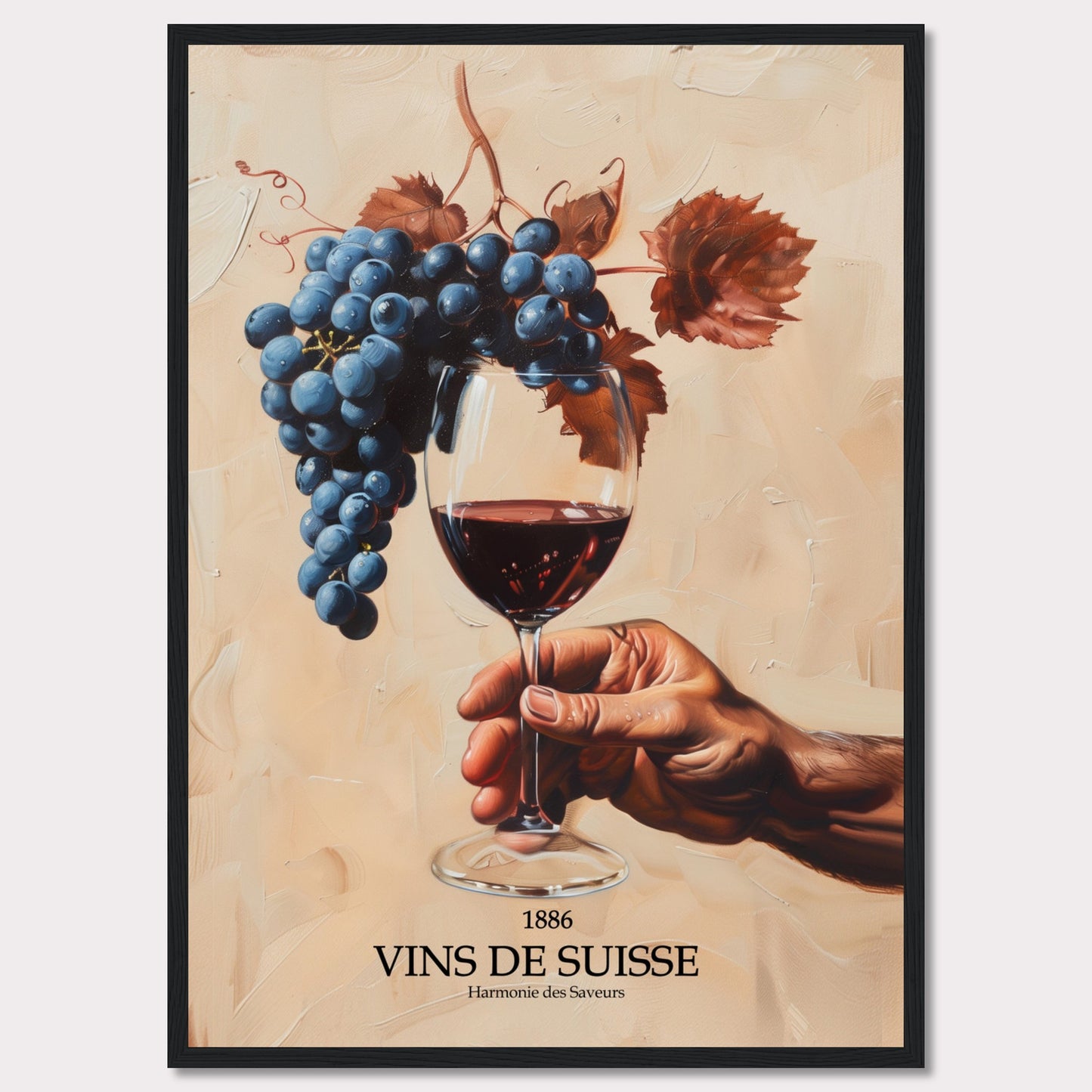 This captivating image showcases a hand holding a glass of red wine, with a luscious bunch of grapes hanging above it. The background is painted in warm, earthy tones, enhancing the rich colors of the grapes and wine.