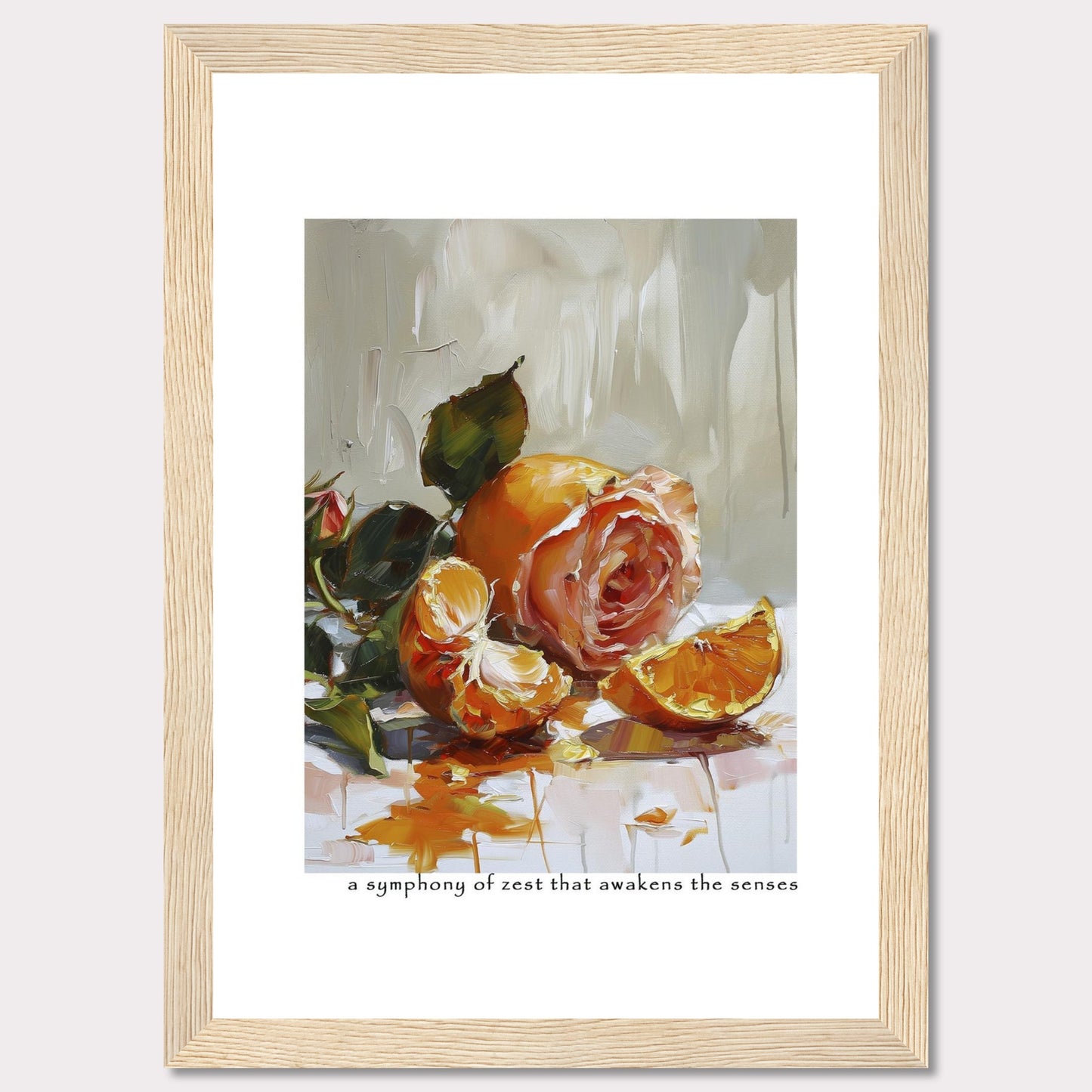 This captivating painting features a delicate rose intertwined with vibrant orange segments, creating a stunning contrast of colors and textures. The brushstrokes evoke a sense of freshness and vitality, making it a perfect piece to invigorate any space.