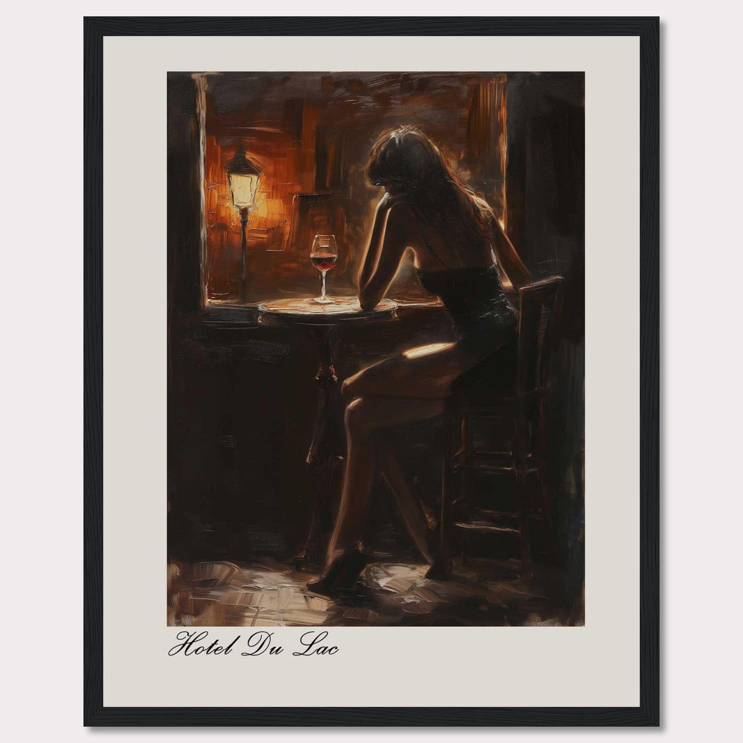 This evocative artwork captures a solitary moment in a dimly lit bar. A woman sits contemplatively at a small round table, illuminated by the warm glow of a nearby lamp. A glass of red wine rests on the table, adding to the intimate and reflective atmosphere. The painting is titled "Hotel Du Lac," suggesting a scene filled with stories and emotions.