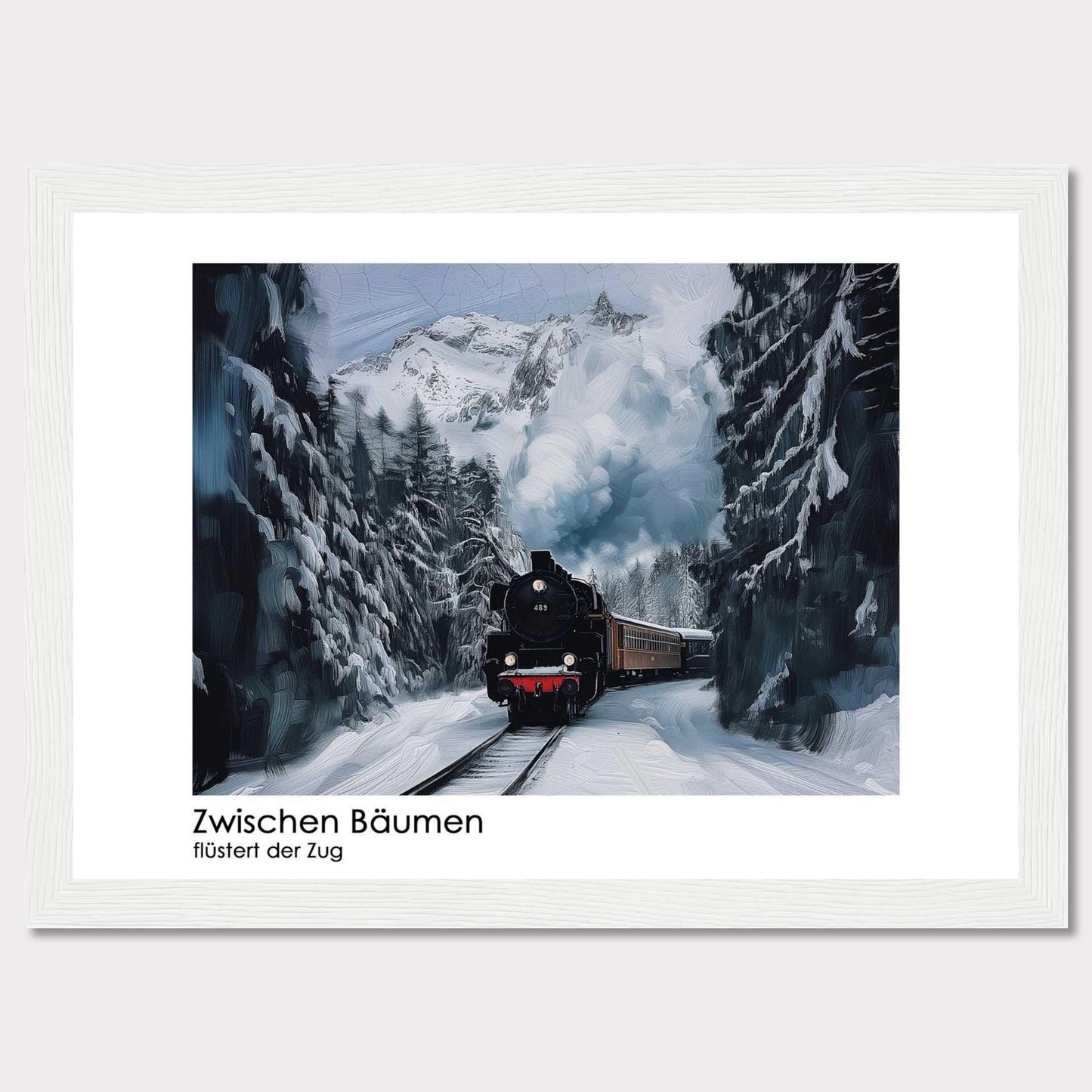 This captivating image depicts a steam train chugging through a snowy forest, with towering pine trees on either side and majestic snow-covered mountains in the background. The scene is serene and picturesque, capturing the essence of winter wonderland.