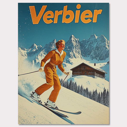 This vibrant retro poster features a cheerful skier dressed in a classic orange ski outfit, gliding down the pristine slopes of Verbier. Behind her, a picturesque alpine chalet sits amidst snow-covered peaks, with a bright blue sky completing the idyllic scene. The bold typography and clean lines enhance the nostalgic charm, inviting viewers to experience the joys of skiing in Verbier.