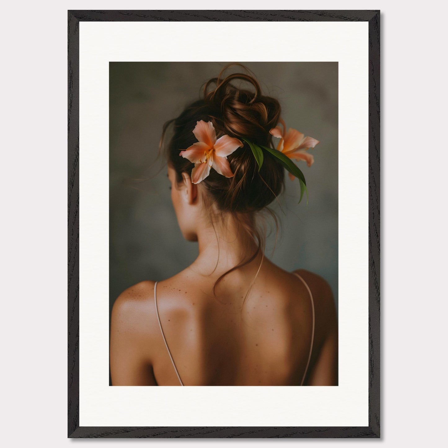 This illustration depicts a woman viewed from behind, with her hair styled in an elegant updo adorned with two peach-colored flowers and green leaves.

This poster would fit well in a bedroom, living room, or any space that benefits from a touch of elegance and natural beauty.