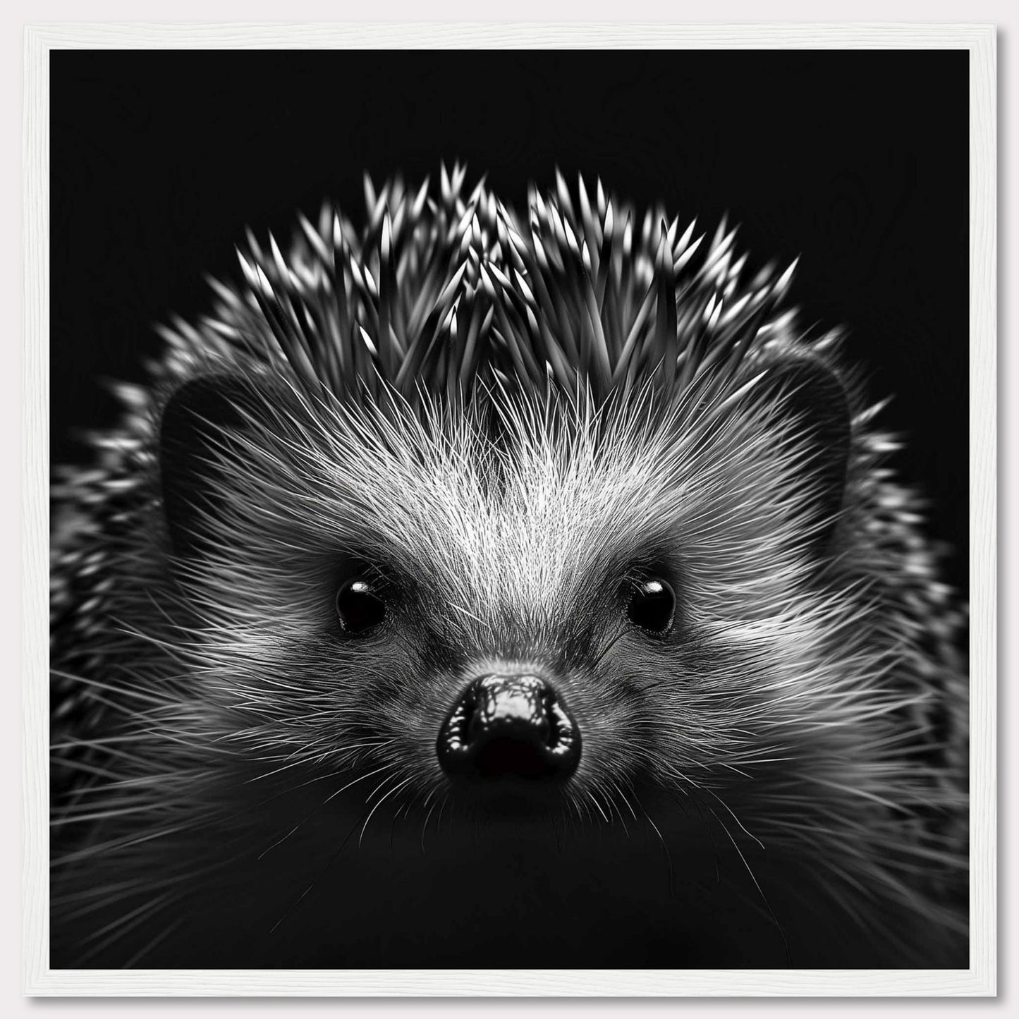 This captivating black and white photograph showcases the adorable face of a hedgehog, with its quills prominently displayed. The close-up shot emphasizes the intricate details of its fur and the curious expression in its eyes.