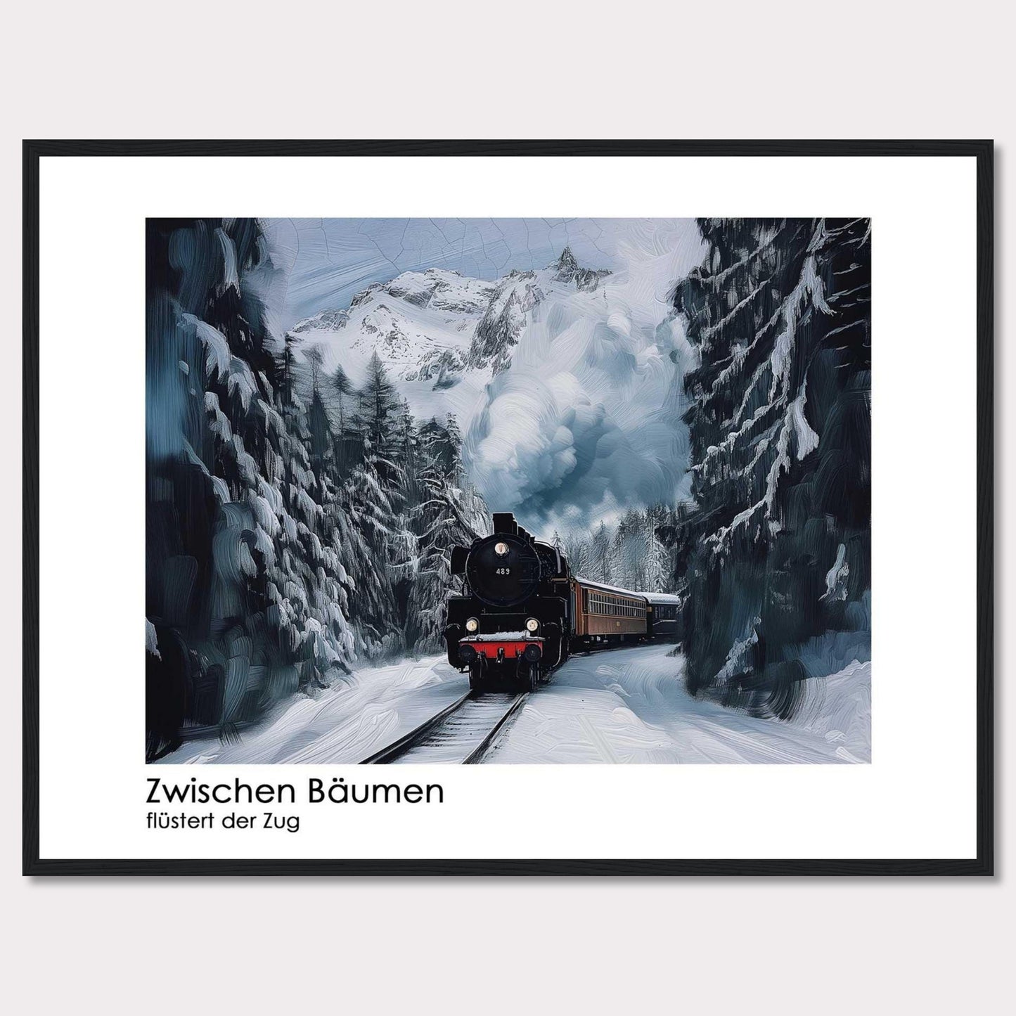 This captivating image depicts a steam train chugging through a snowy forest, with towering pine trees on either side and majestic snow-covered mountains in the background. The scene is serene and picturesque, capturing the essence of winter wonderland.