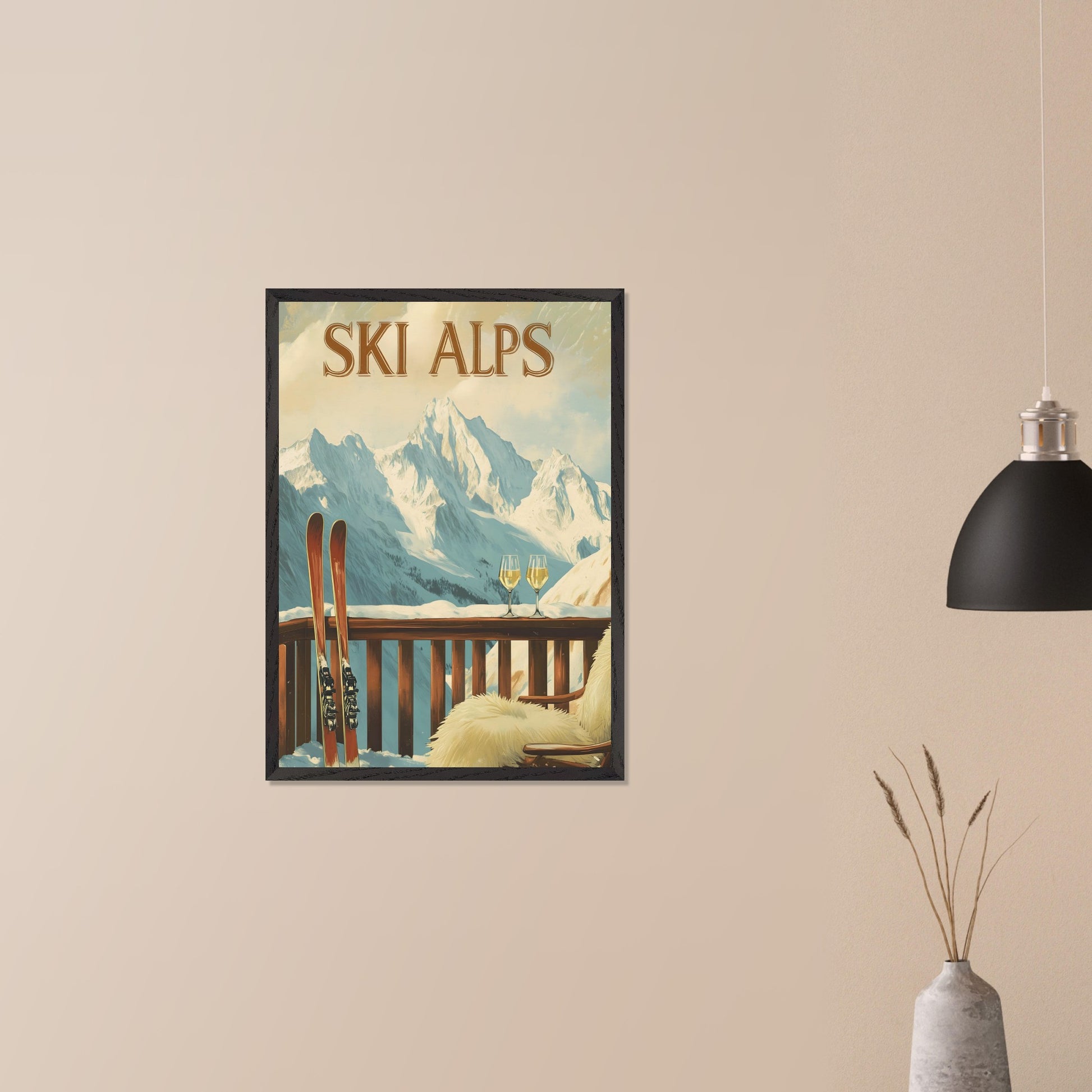 This soothing poster transports you to a tranquil alpine terrace with a breathtaking view of snow-covered peaks. A wooden chair draped in soft fur and paired with two glasses of sparkling wine sets the tone for a peaceful and intimate winter retreat.